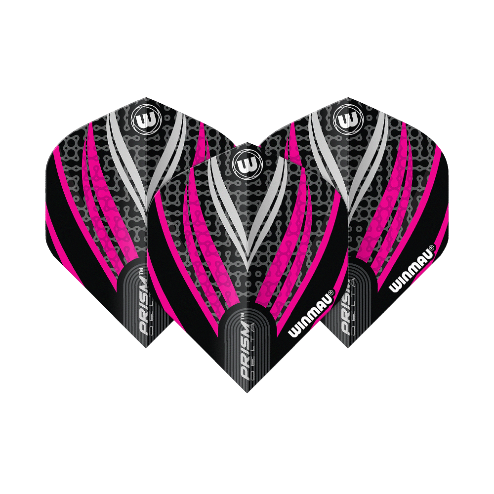 Volets standard Winmau Prism Delta Noir Blanc Rose n° 2 Das Bild zeigt drei Dart-Flights des Modells "Winmau Prism Delta Schwarz Weiß Pink No2 Standard". Die Flights haben ein auffälliges Design in Schwarz, Pink und Weiß mit dem Winmau-Logo.