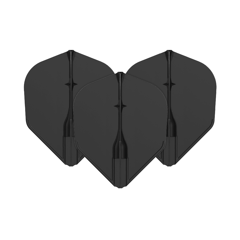 Vols L-L-Style3EZ Auf dem Bild sind drei schwarze Dartflights zu sehen. Sie sind in einer Reihe angeordnet und haben eine klassische Form.