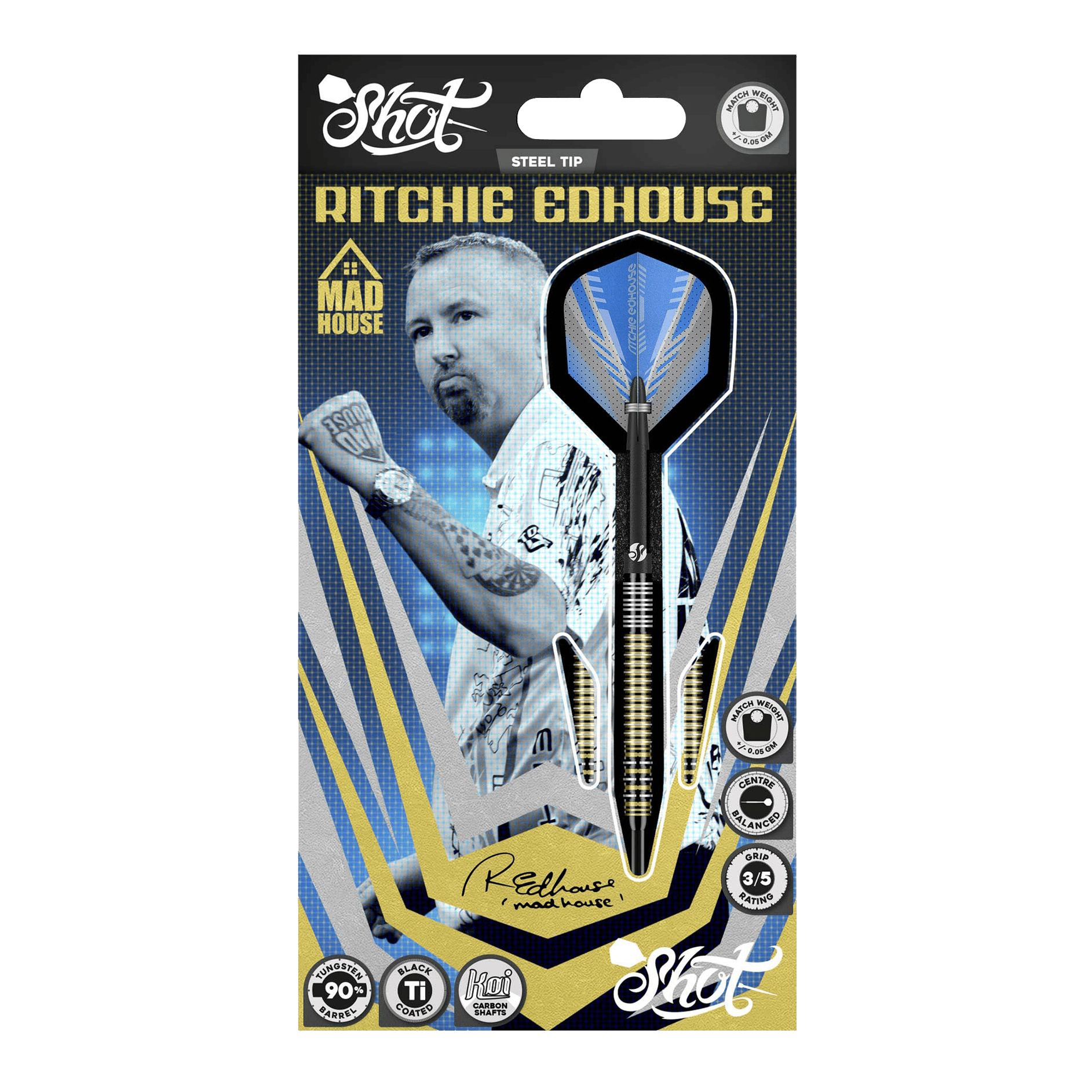 Abgebildet sind die Shot Ritchie Edhouse Madhouse Steeldarts. Sie zeigen das markante Design und die hochwertige Verarbeitung der Darts.