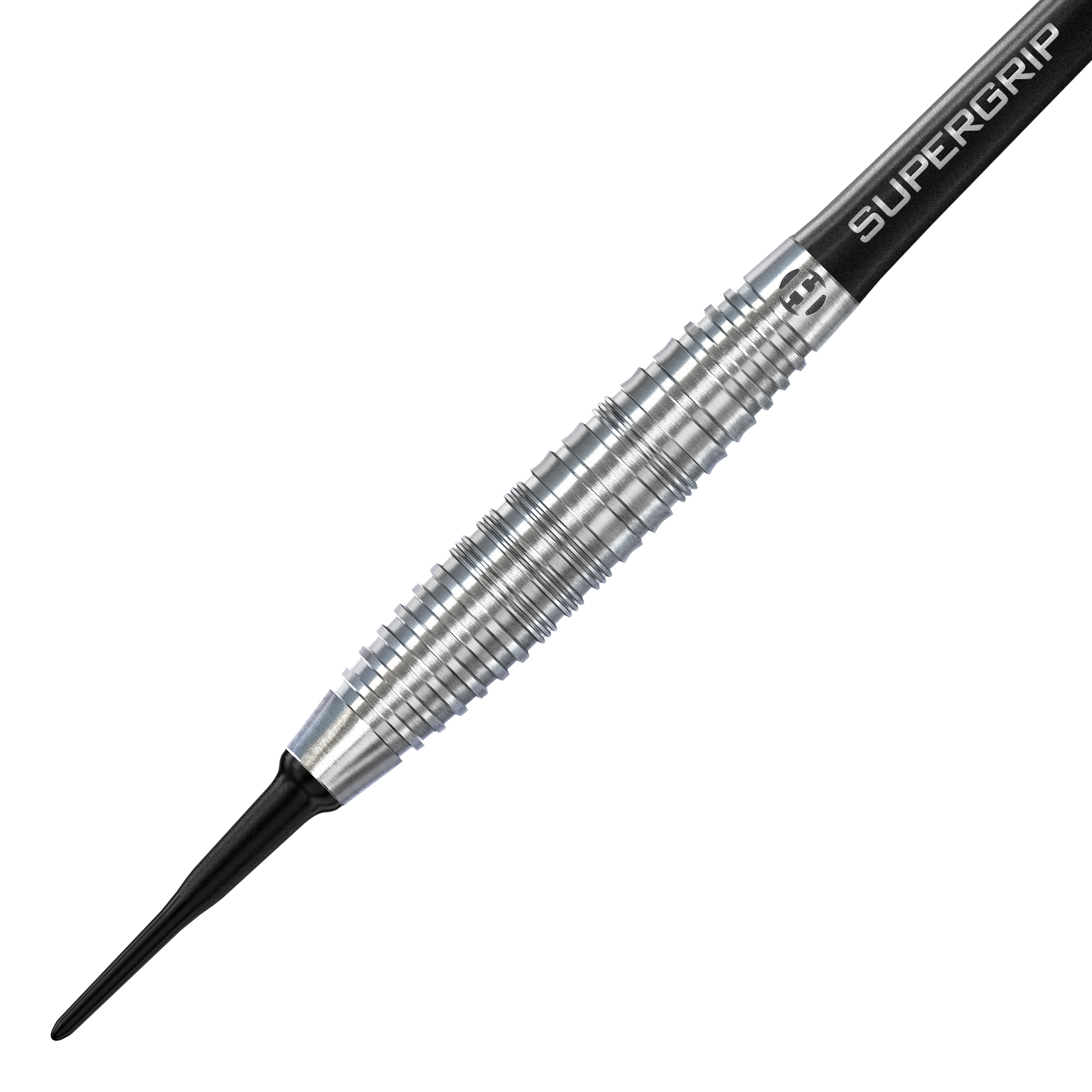 Fléchettes souples Harrows NX90 Bomb Das Bild zeigt einen Harrows NX90 Bomb Softdart. Der Dart hat eine silberne, geriffelte Metallspitze und einen schwarzen Schaft mit der Aufschrift "SUPERGRIP".
