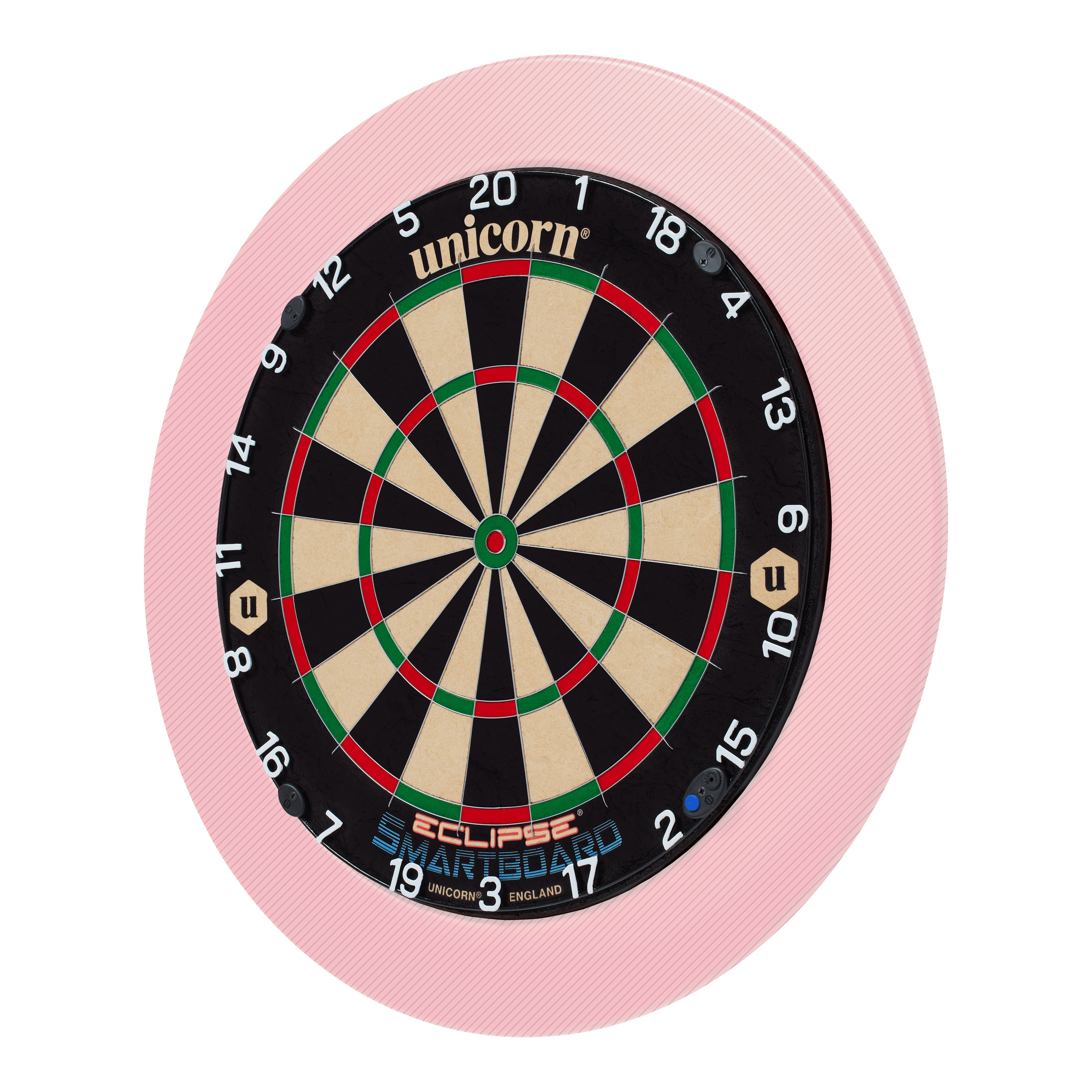 Cible de fléchettes en acier Unicorn Eclipse Smartboard Das Bild zeigt eine Unicorn Eclipse Smartboard Steeldartscheibe mit einem pinken Schutzring. Die Dartscheibe hat klare Zahlen und farbige Segmente für das Dartspiel.