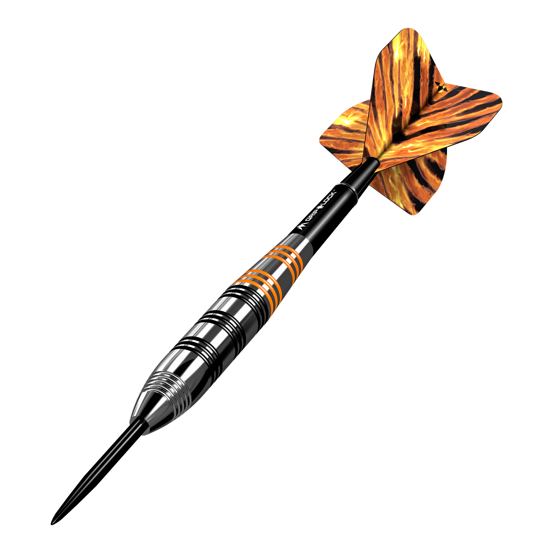 Fléchettes en acier laiton Mission Javan - 22 g Das Bild zeigt einen Mission Javan Brass Steeldart mit einem Gewicht von 22 Gramm. Der Dart hat ein schwarz-silbernes Design mit orangefarbenen Akzenten und auffällig gemusterten Flights.
