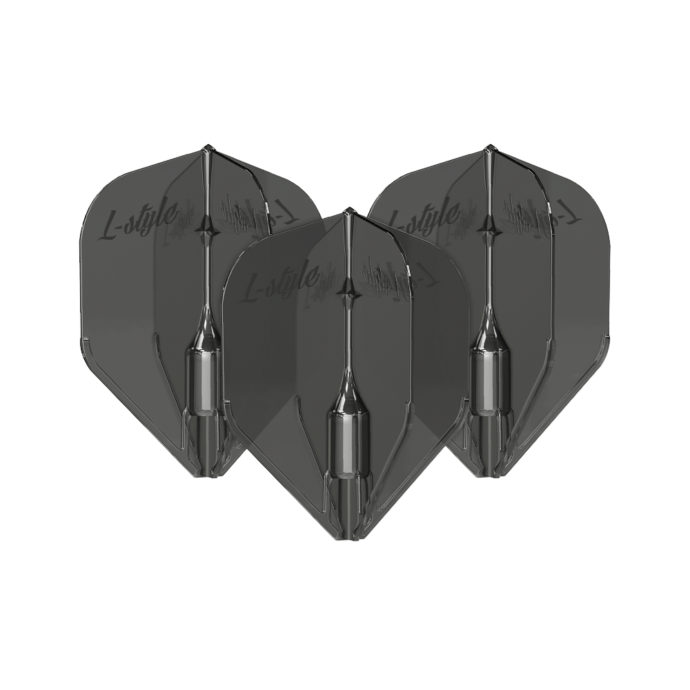 Ailettes L-Style Fantom L3EZ transparentes et noires Das Bild zeigt drei schwarze, transparente Dart-Flights des Modells "L-Style Fantom L3EZ". Auf den Flights ist der Schriftzug "L-style" zu sehen.
