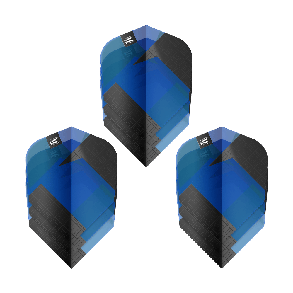 Ailettes standard Target Pro Ultra TAG bleues Ten-X - 3 jeux Das Bild zeigt drei blaue und schwarze Dart-Flights mit geometrischem Muster. Es handelt sich um das Produkt "Target Pro Ultra TAG Blau Ten-X Standard Flights - 3 Sets".