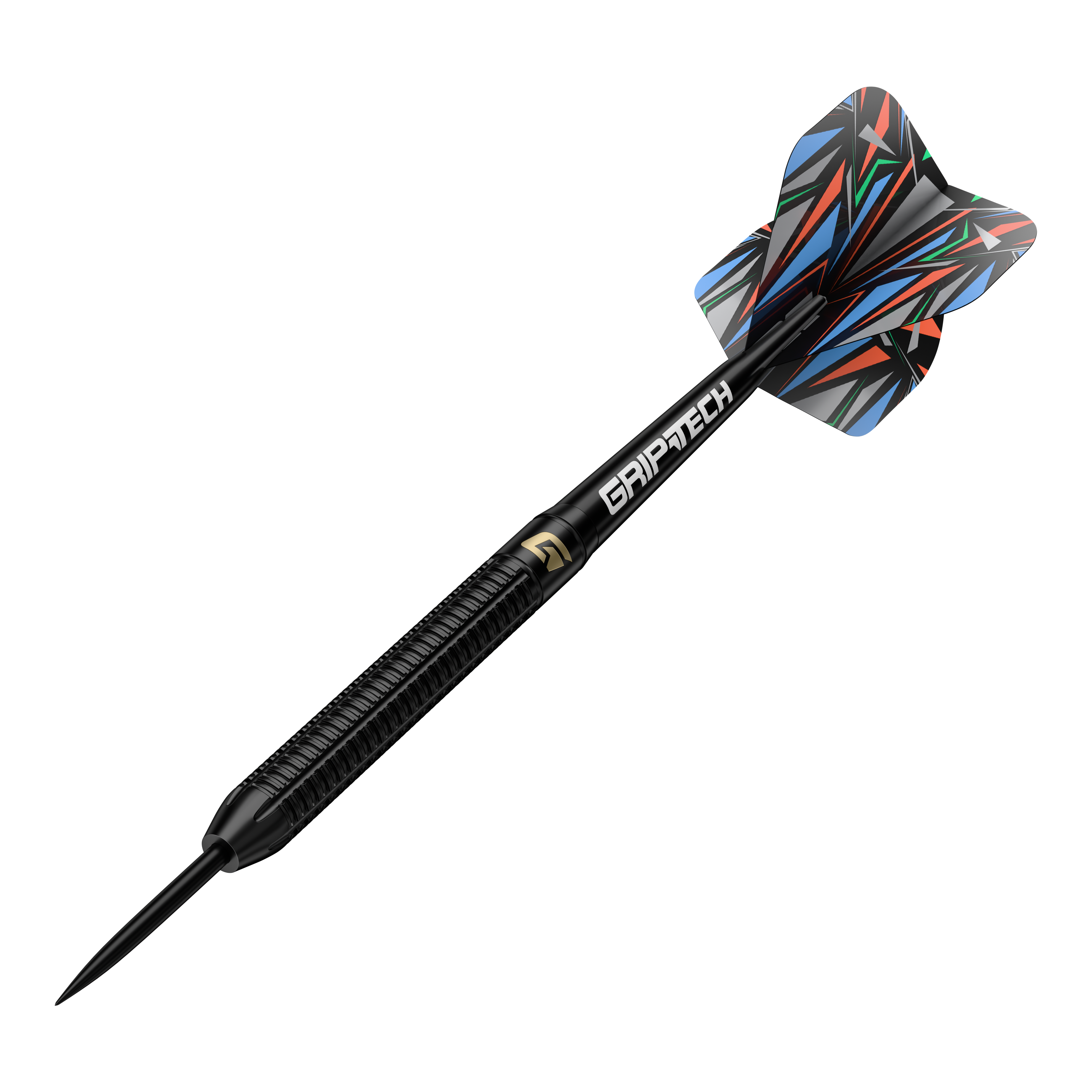 Fléchettes en acier GOAT Athlete en laiton noir - 13 g Dies ist der GOAT Athlete Black Brass Steeldart mit einem Gewicht von 13g. Der Dart hat ein schwarzes Design mit buntem Flight und der Aufschrift "GRIPTECH".