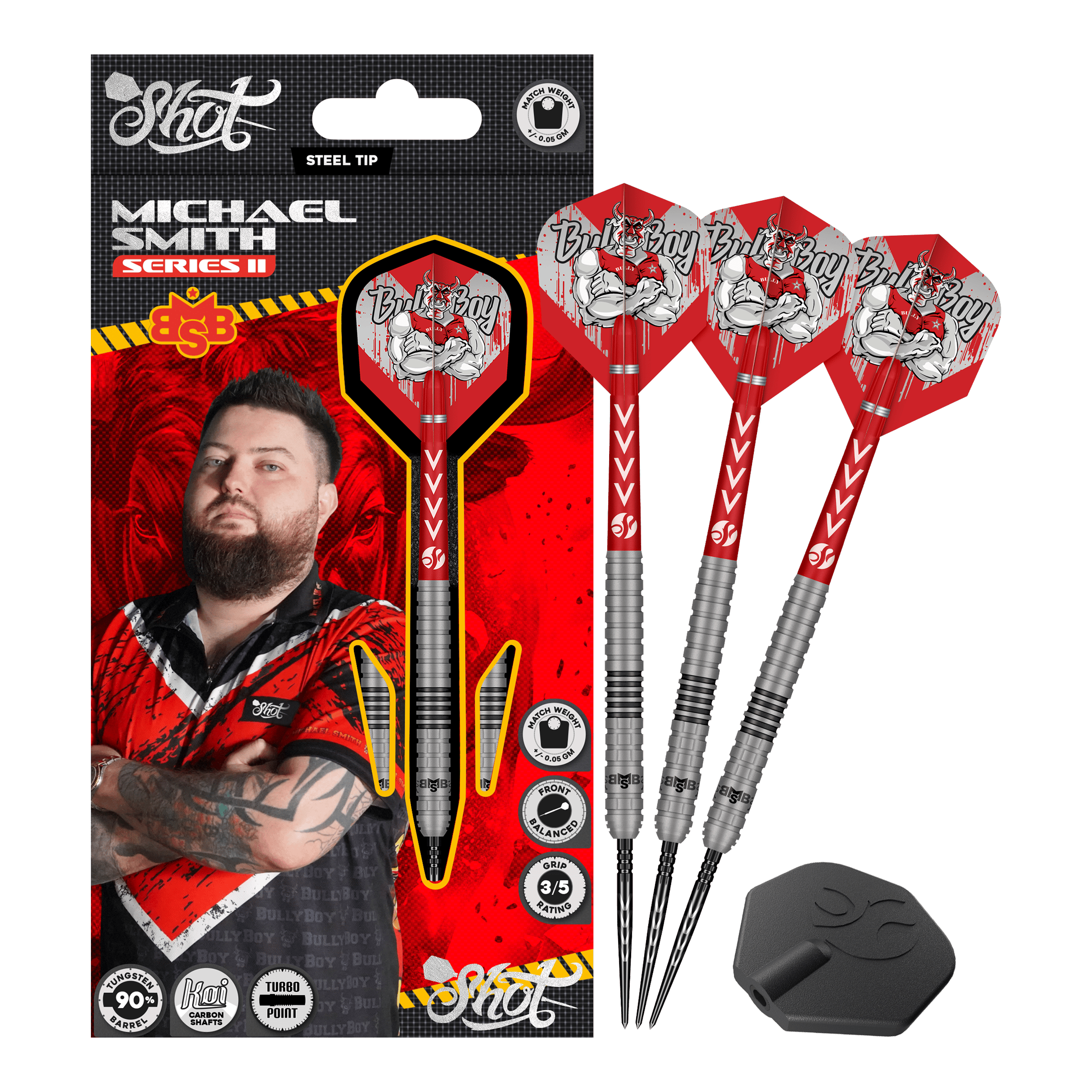 Fléchettes en acier Michael Smith Series 2 Turbo Point Das Bild zeigt die Shot Michael Smith Series 2 Turbo Point Steeldarts. Es sind hochwertige Steeldarts, die für den professionellen Gebrauch geeignet sind.