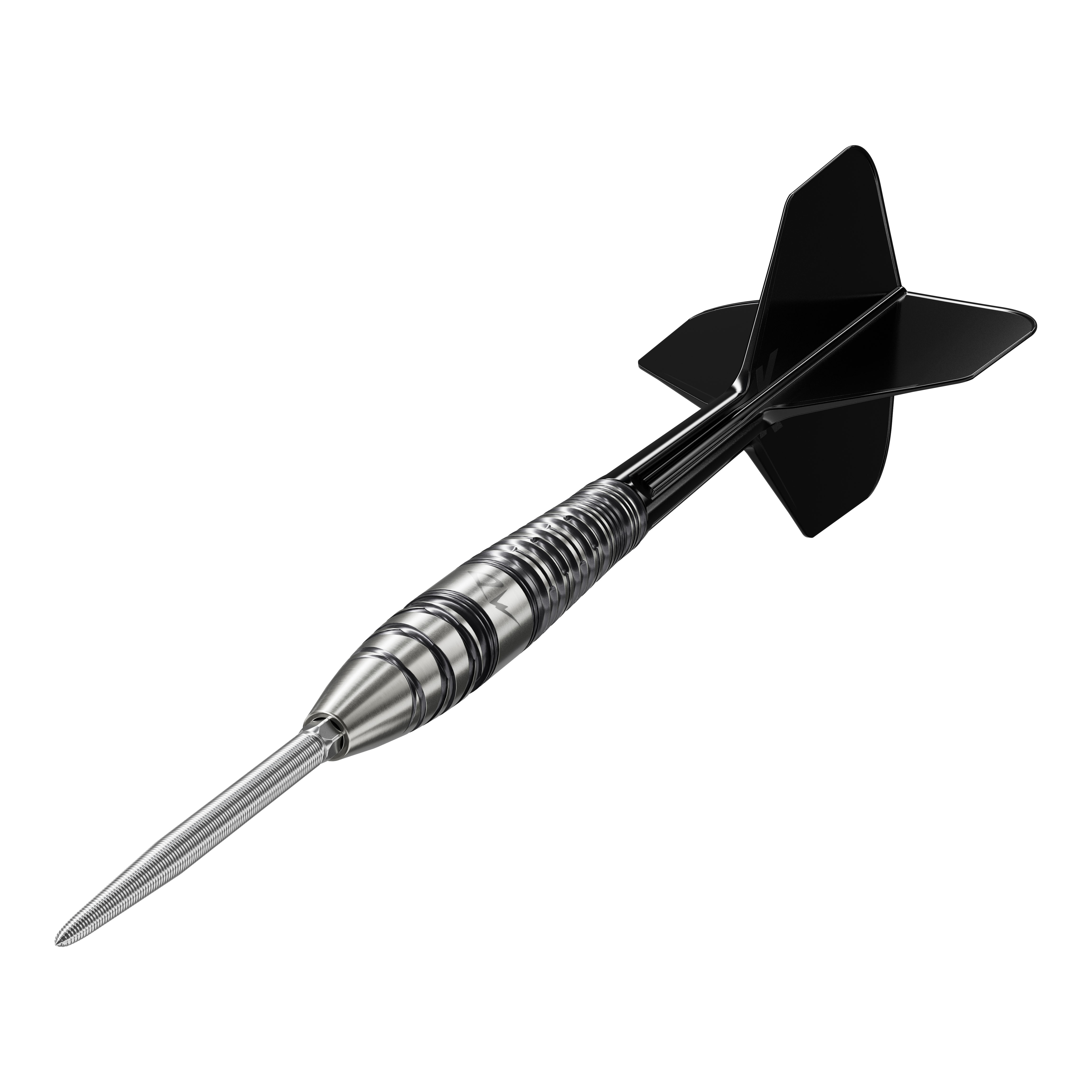 Fléchettes en acier Target Japan Black Marque PW 2 SP Das Bild zeigt einen hochwertigen Steeldartpfeil mit schwarzem Flight und silbernem, gerilltem Barrel. Es handelt sich um das Produkt "Target Japan Black Marque PW 2 SP Steeldarts."