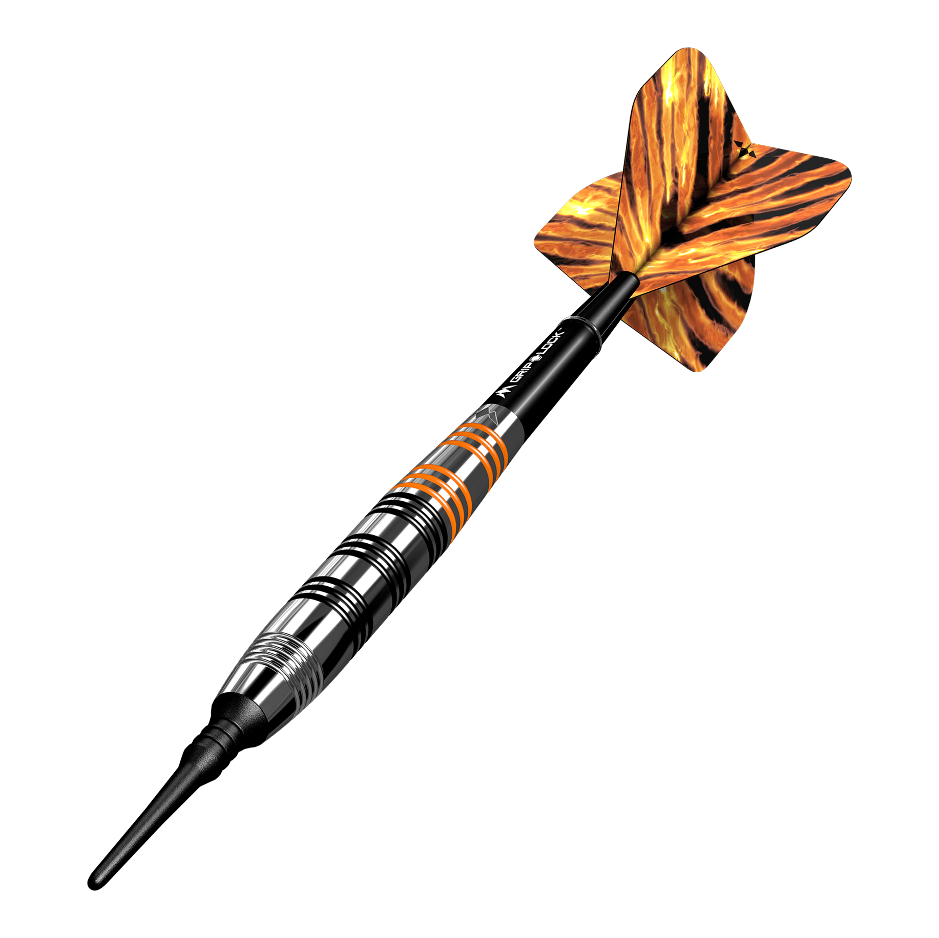 Fléchettes souples en laiton Mission Javan - 18 g Das Bild zeigt einen Softdart namens "Mission Javan Brass Softdarts - 18g". Der Dartpfeil hat ein gestreiftes Design in Schwarz, Silber und Orange mit einer auffälligen, gemusterten Flugfeder.