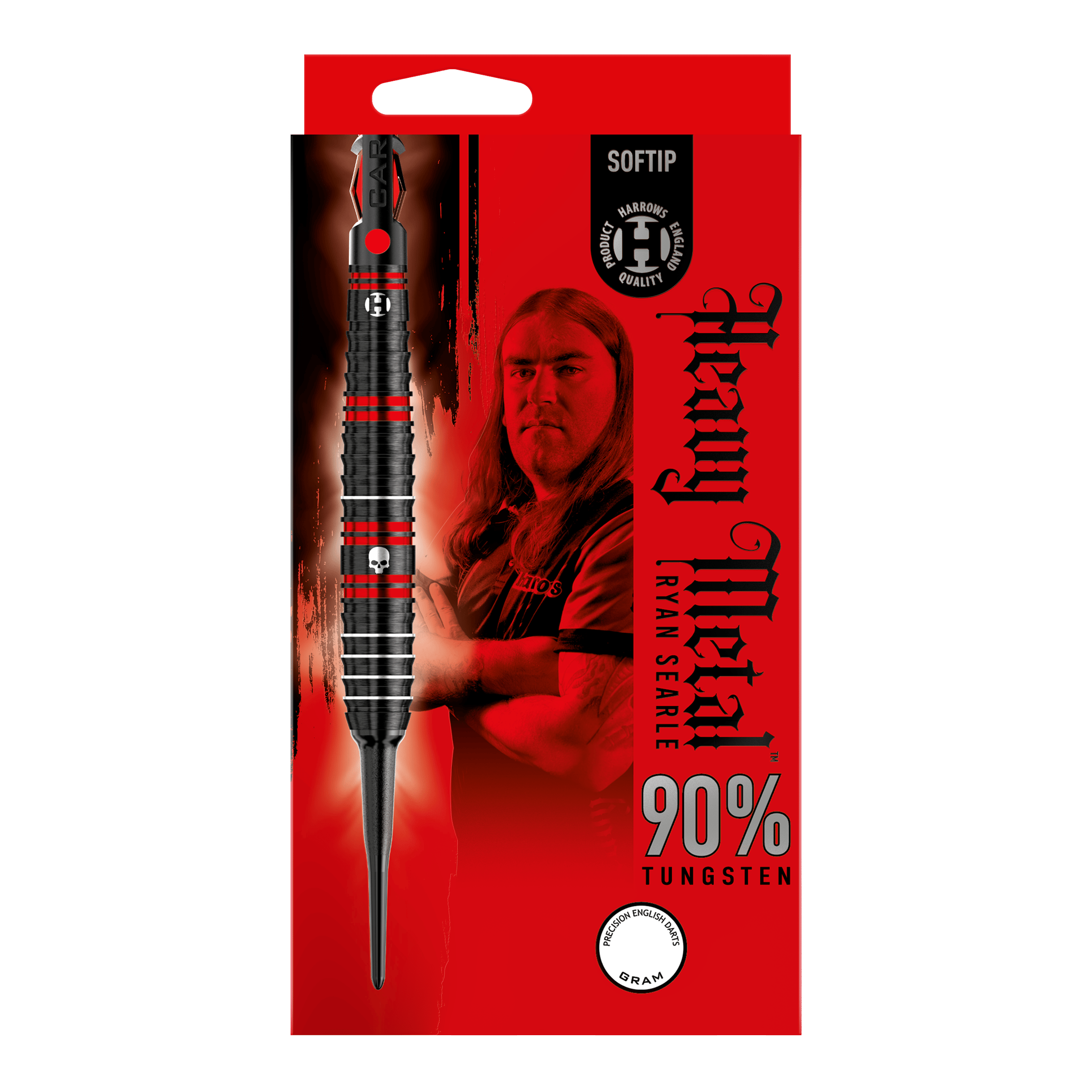 Fléchettes souples en métal lourd Ryan Searle de Harrow Die Verpackung zeigt die Harrows Ryan Searle Heavy Metal Softdarts mit einem Bild von Ryan Searle. Das Design hebt 90% Tungsten und ein auffälliges rot-schwarzes Farbschema hervor.