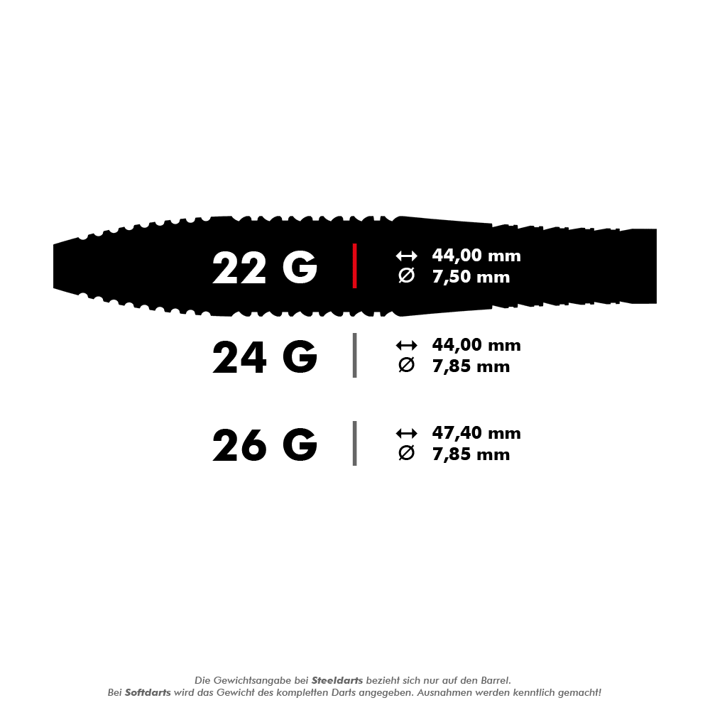 Fléchettes en acier Target Bolide Void 05 Swiss Point Dieses Bild zeigt die technischen Spezifikationen von drei verschiedenen Steeldarts mit 22 g, 24 g und 26 g Gewicht. Die Maße wie Länge und Durchmesser der Barrel werden jeweils angegeben.