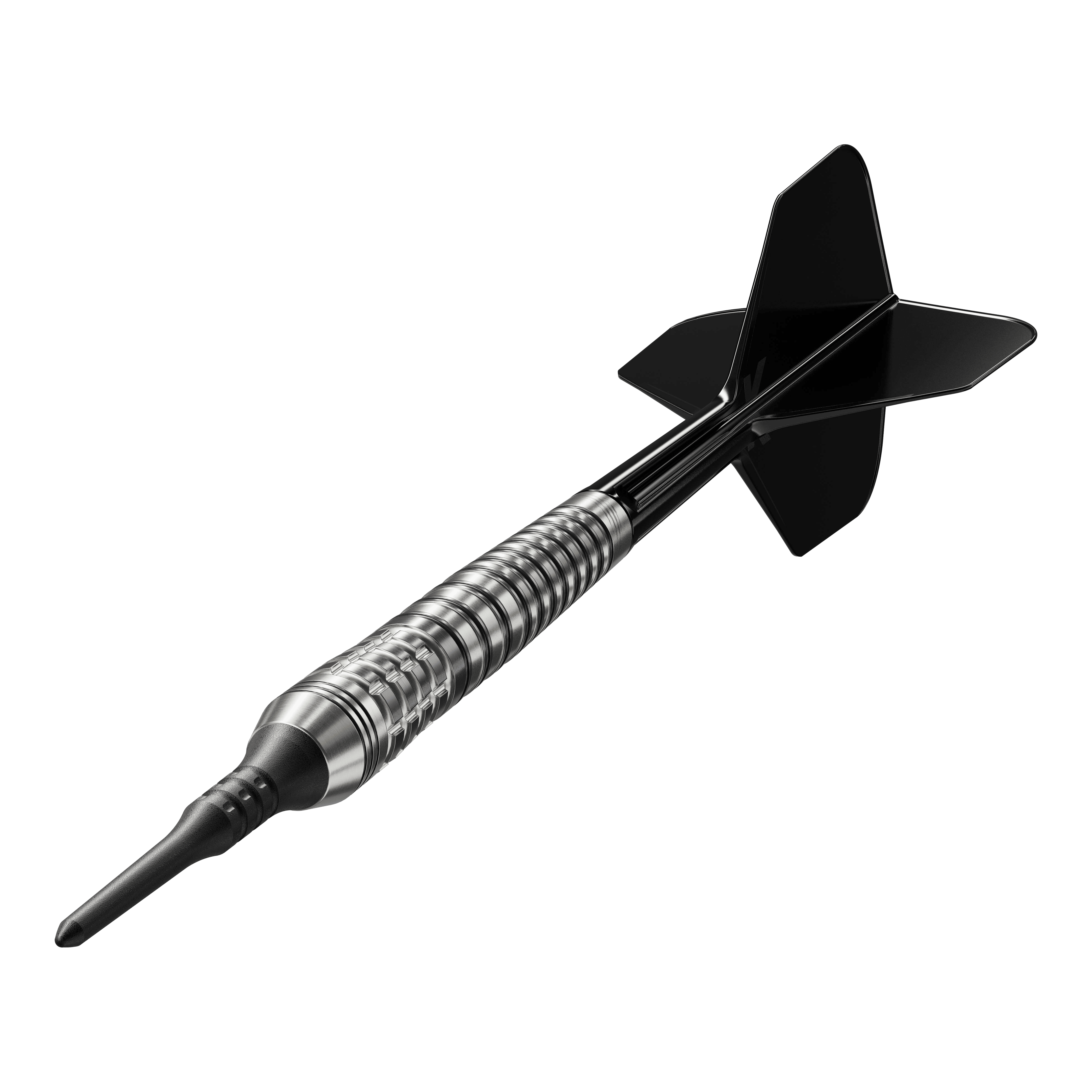 Fléchettes souples Target Japan Black Marque Renegade 4 - 19 g Das Bild zeigt einen Softdartpfeil mit schwarzer Spitze und schwarzen Flights. Es handelt sich um das Modell "Target Japan Black Marque Renegade 4 Softdarts - 19g".
