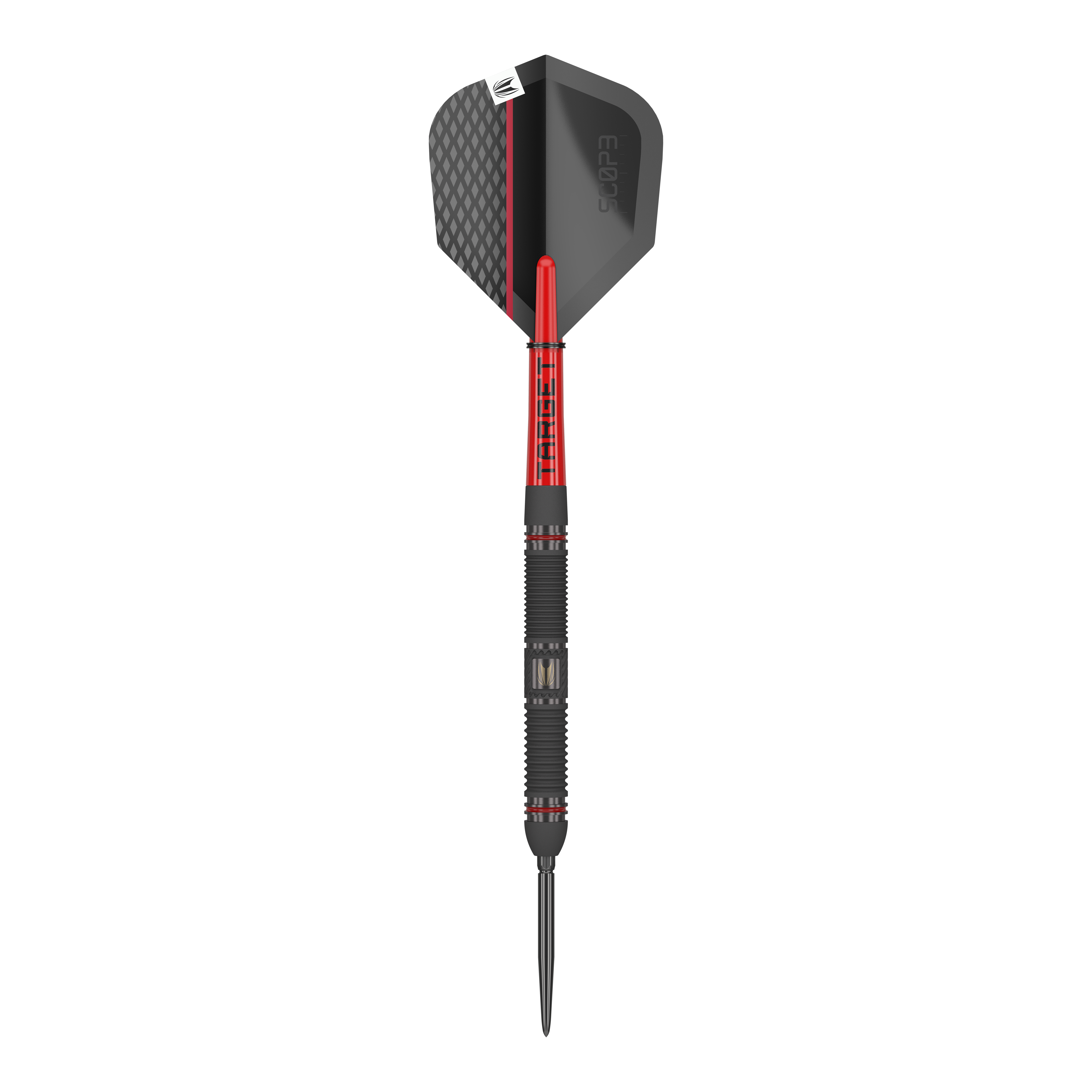 Target Scope 01 Fléchettes en acier Swiss Point Auf dem Bild ist ein Target Scope 01 Swiss Point Steeldart zu sehen. Der Dart hat ein modernes Design in Schwarz und Rot mit einer strukturierten Oberfläche.