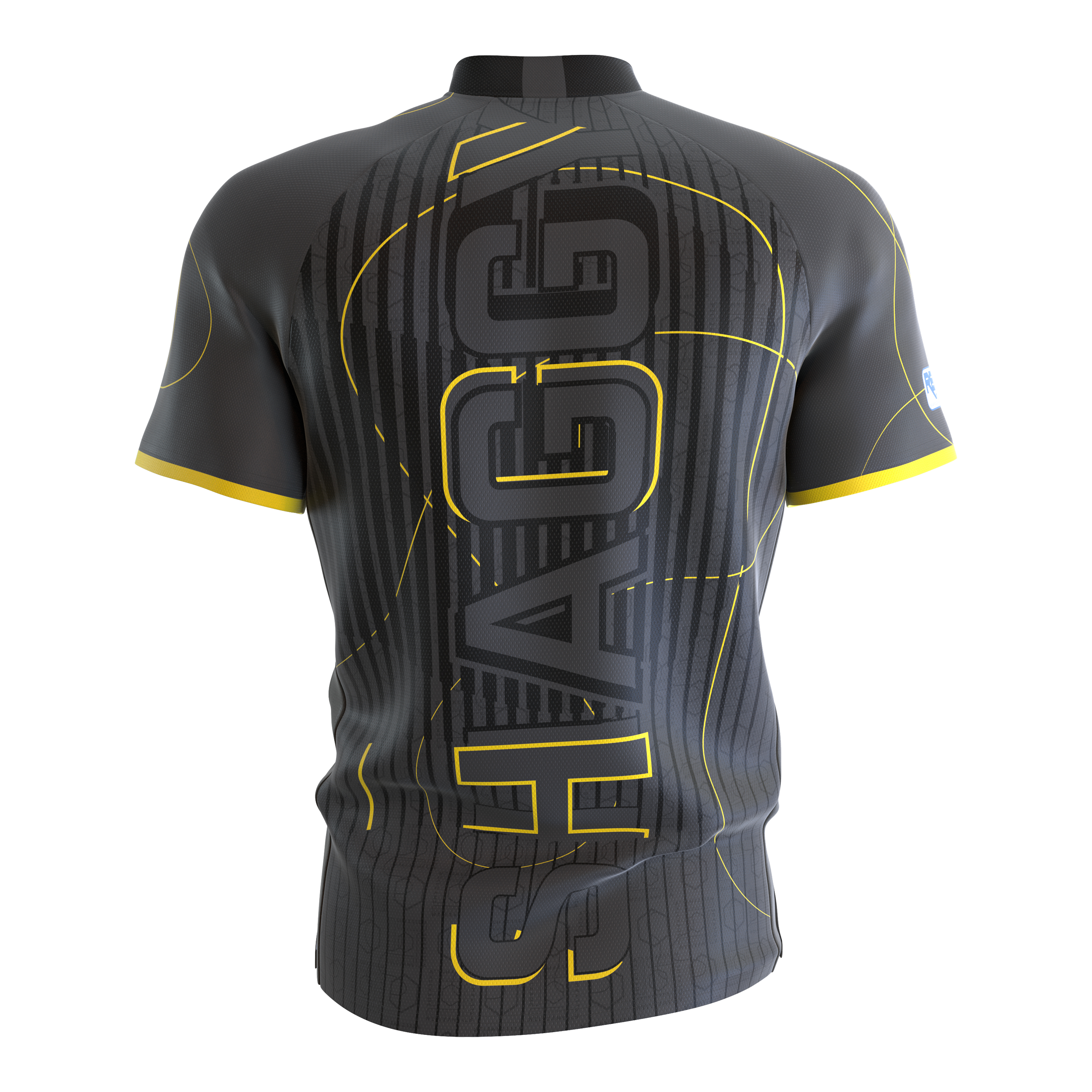 Chemise de fléchettes sans col Target Coolplay Scott Williams Das Bild zeigt das Target Coolplay Collarless Scott Williams Dartshirt von hinten. Das Shirt ist grau mit gelben Akzenten und dem großen Schriftzug "SHAGGY" auf dem Rücken.