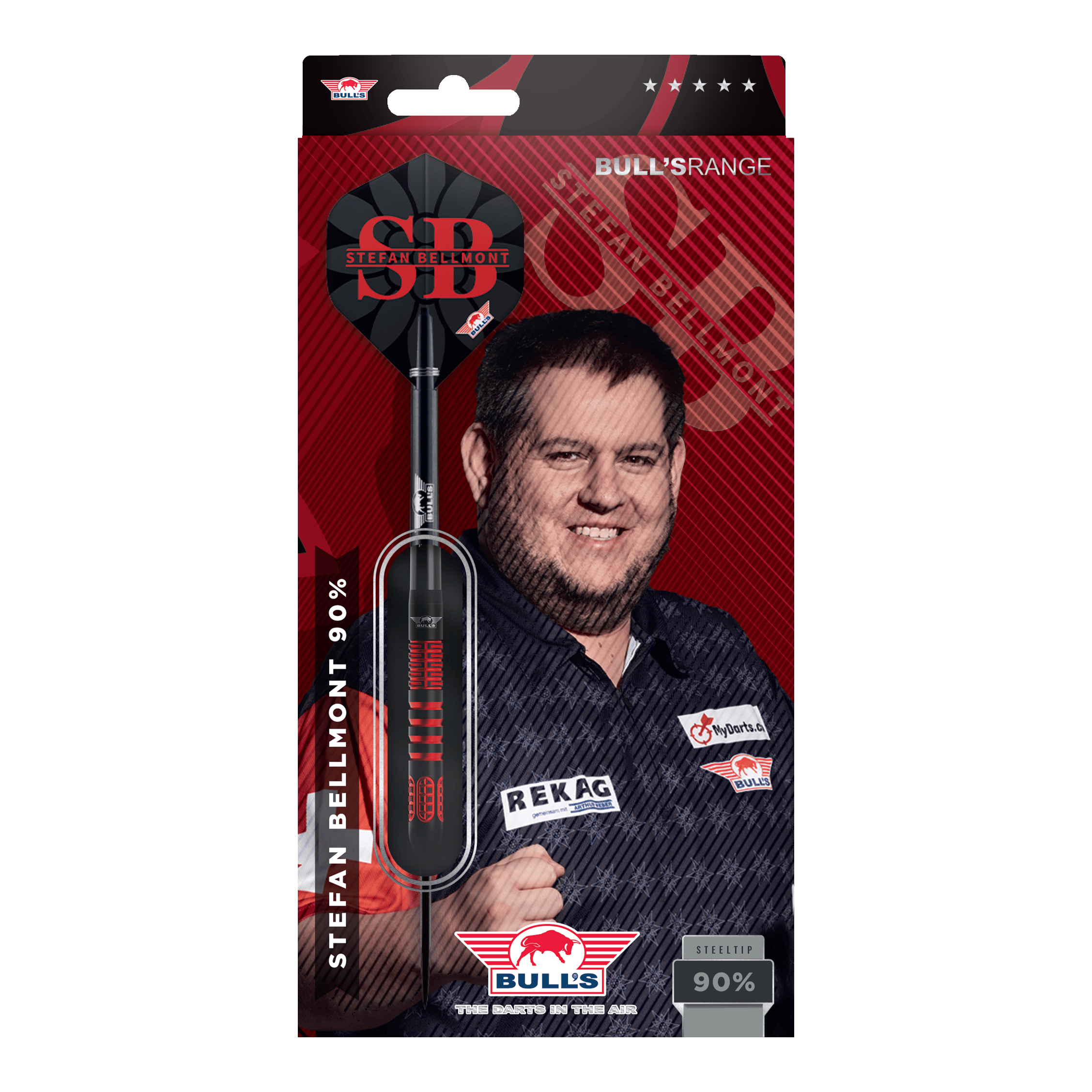 Gezeigt werden die Bulls NL Stefan Bellmont 90 Steeldarts 23g. Sie sind ideal für den Einsatz im Wettkampfsport geeignet.