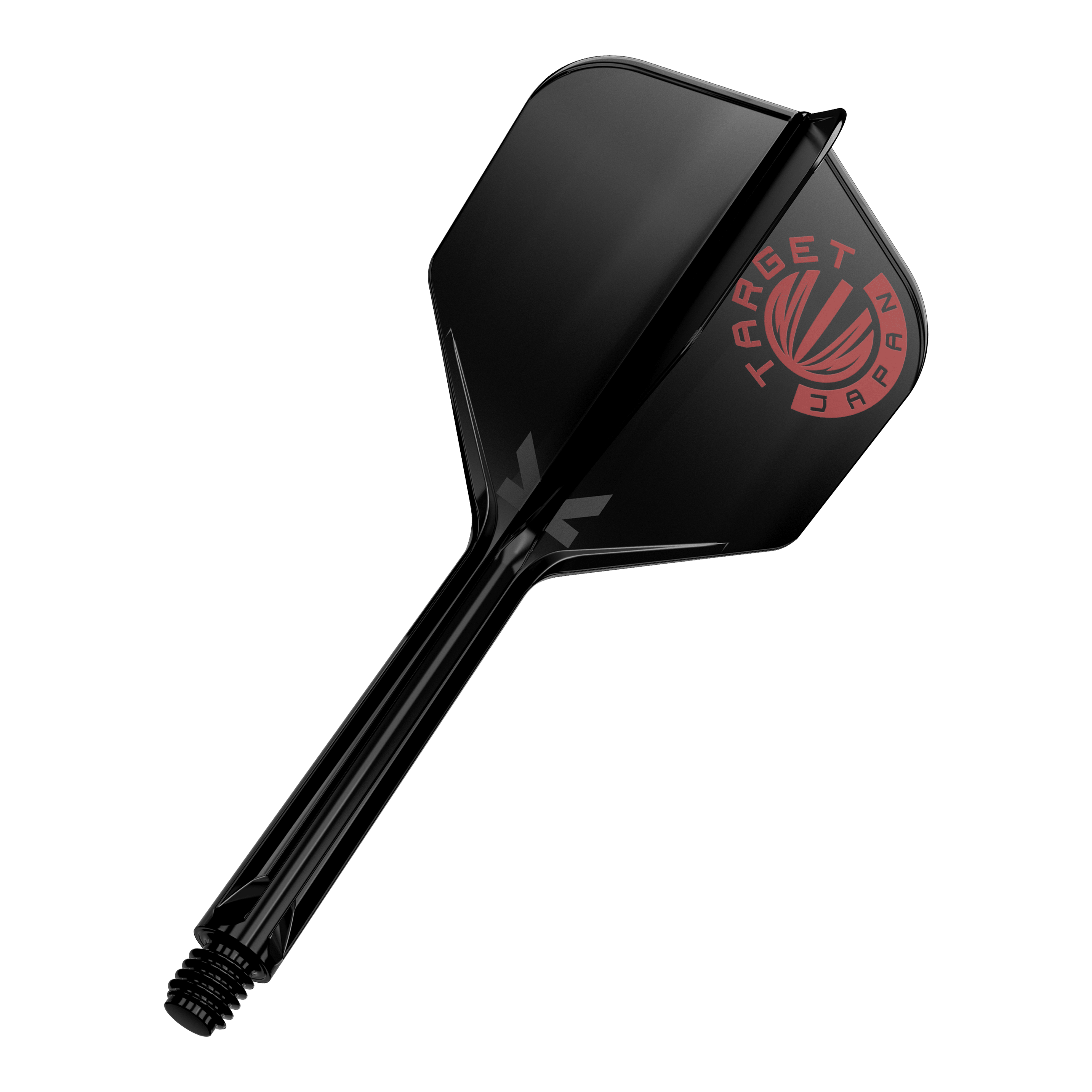 Target Japan K-Flex Original Logo Rouge Noir No6 Système d'arbre de vol Das Bild zeigt einen schwarzen Dartshaft mit einer schwarzen Dartflügelfeder. Auf der Feder ist ein rotes Logo mit der Aufschrift "TARGET JAPAN" zu sehen.