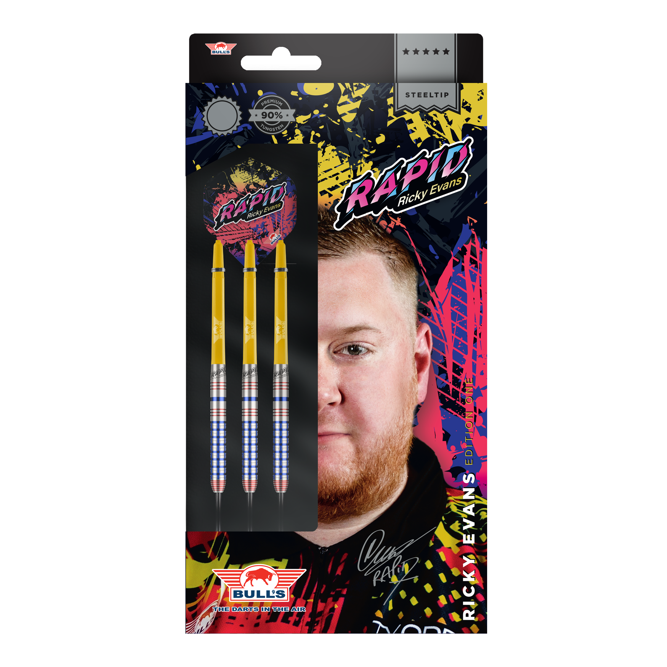 Fléchettes en acier Bulls NL Ricky Evans Rapid Edition One Die Abbildung zeigt die Verpackung der "Bulls NL Ricky Evans Rapid Edition One Steeldarts". Auf der Packung sind drei gelb-silberne Steeldarts und ein Porträt von Ricky Evans zu sehen.