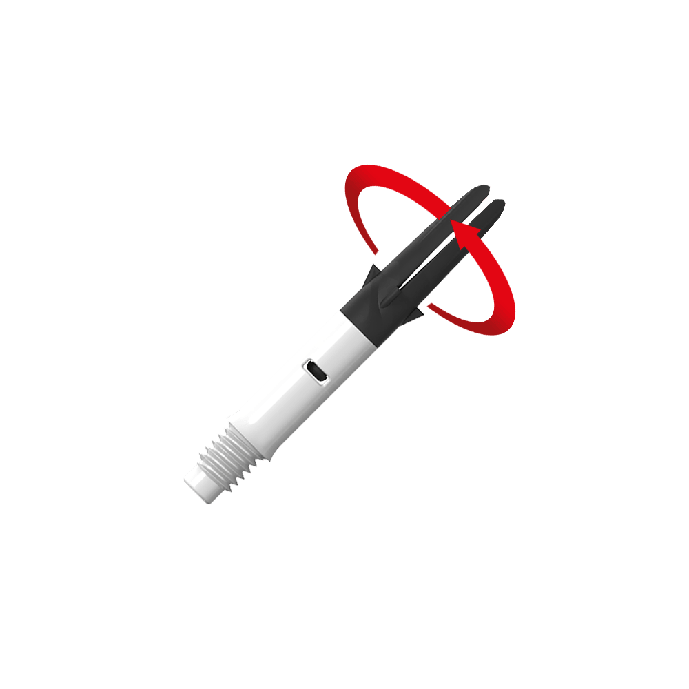 Tige de selle droite silencieuse en carbone style L - Blanc Das Bild zeigt einen weißen und schwarzen Dart-Schaft mit einem Gewinde am unteren Ende. Ein roter Pfeil deutet auf eine Drehbewegung des oberen Teils hin.