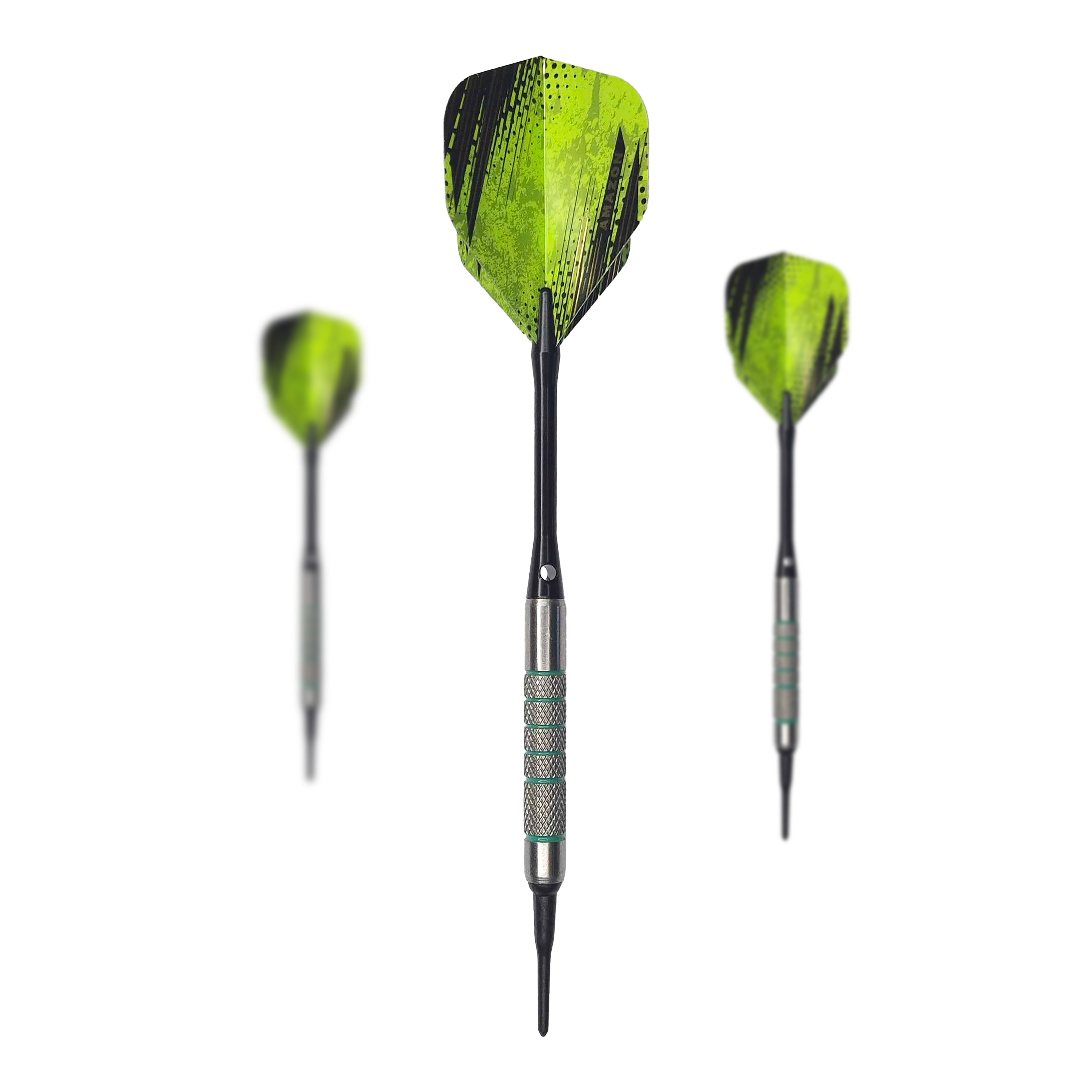 Fléchettes souples McDart 85 Tungstène V7 - 16,5 g Das Bild zeigt drei McDart 85er Tungsten V7 Softdarts mit einem Gewicht von 16,5g. Die Darts haben grün-schwarze Flights und silberne Griffe.