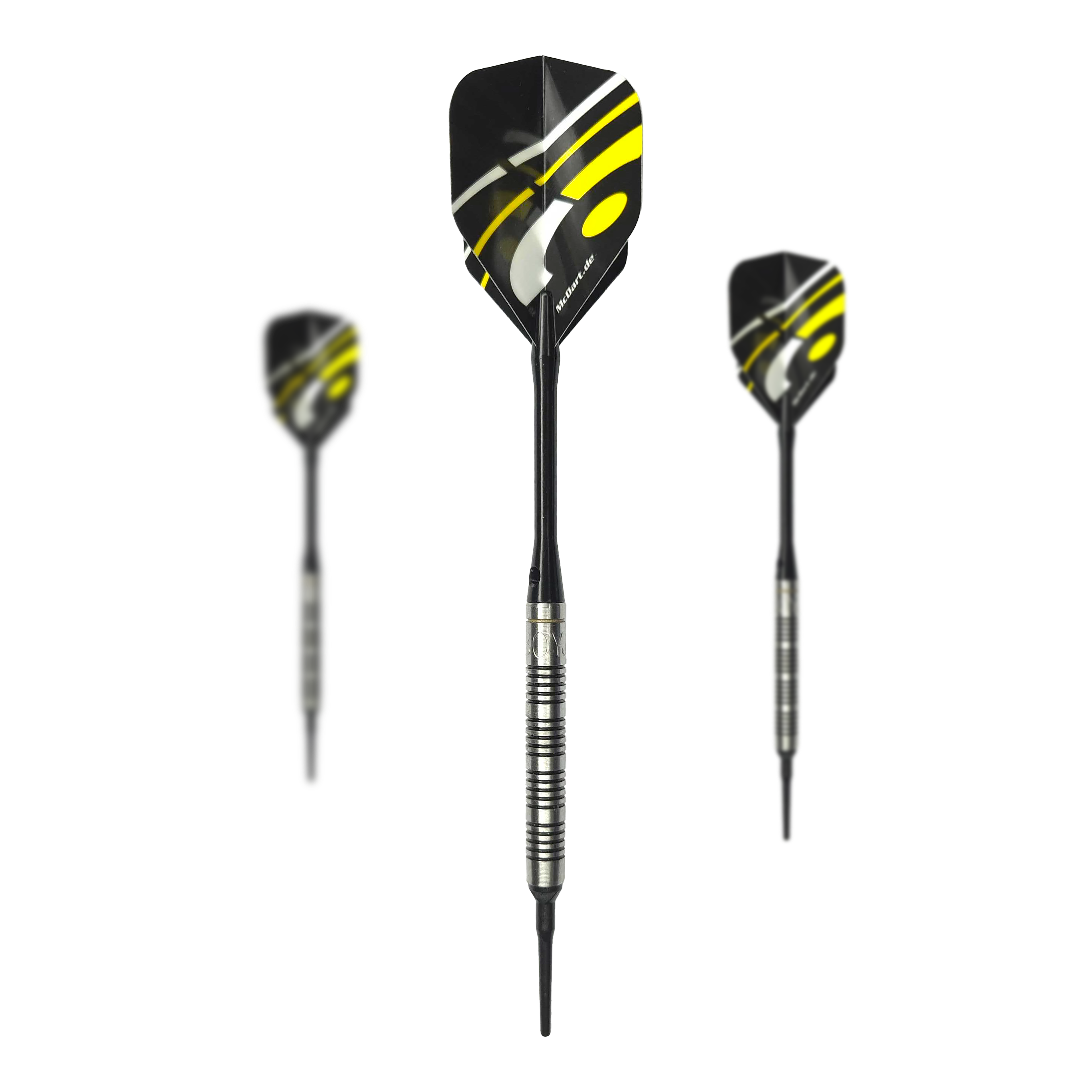 Fléchettes souples McDart 85 tungstène V17 - 16,5 g Auf dem Bild sind drei Softdarts des Modells "McDart 85er Tungsten V17" mit einem Gewicht von 16,5g zu sehen. Die Darts haben schwarze Flights mit gelben und weißen Akzenten sowie silberne, gerillte Barrels.