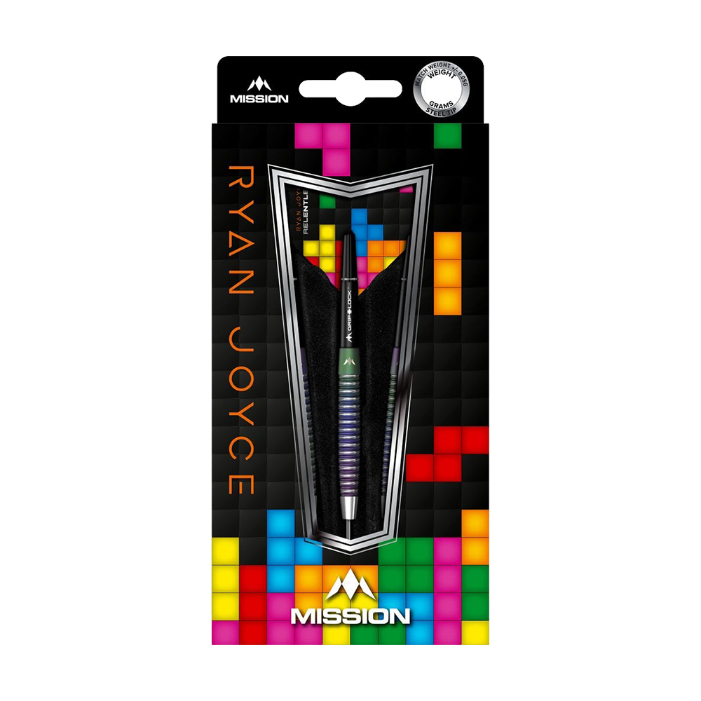 M001074_Mission_Ryan_Joyce_Relentless_Steeldarts_3 Das Bild zeigt die Mission Ryan Joyce Relentless Steeldarts in ihrer Verpackung. Die Verpackung ist bunt gestaltet und hebt den Namen des Produkts deutlich hervor.