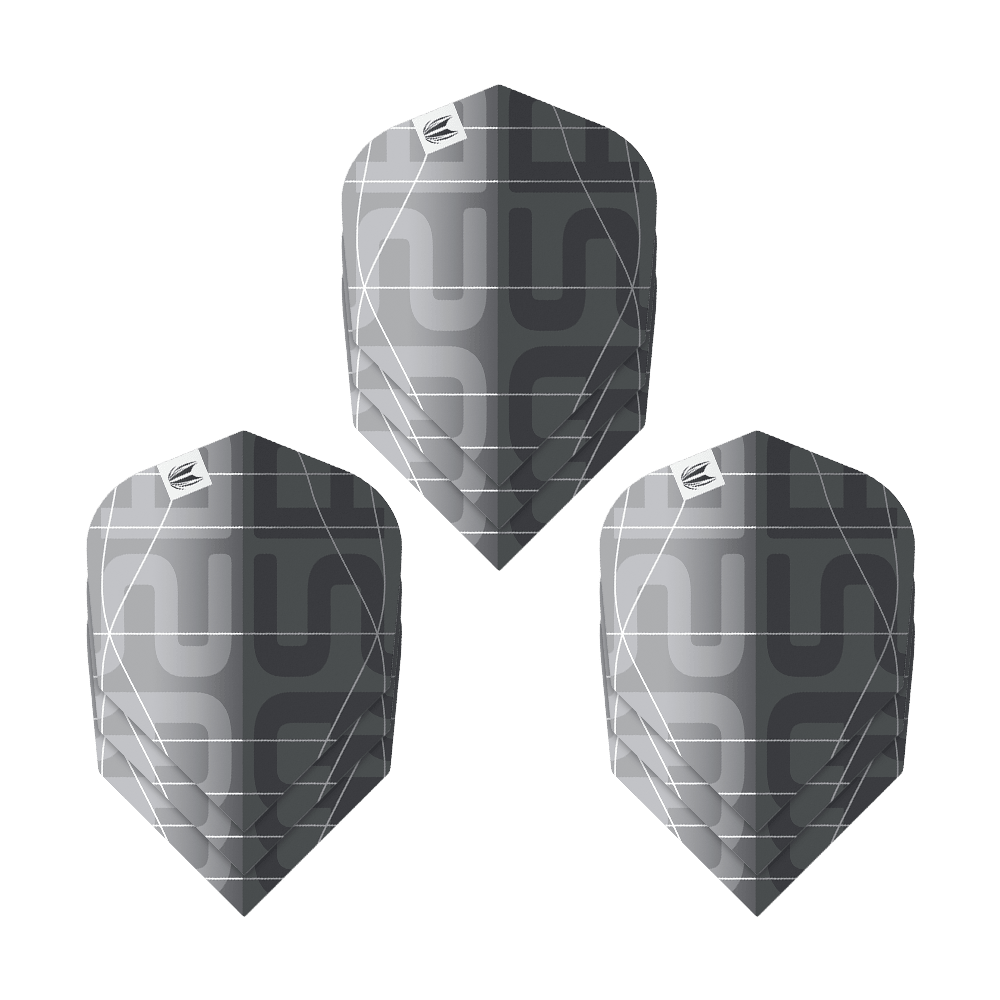 Ailettes Target Pro Ultra Aspinall X Echo No6 - 3 jeux Das Bild zeigt drei Sätze der Target Pro Ultra Aspinall X Echo No6 Flights. Die Flights sind in einem modernen Schwarz-Grau-Design mit geometrischem Muster gehalten.