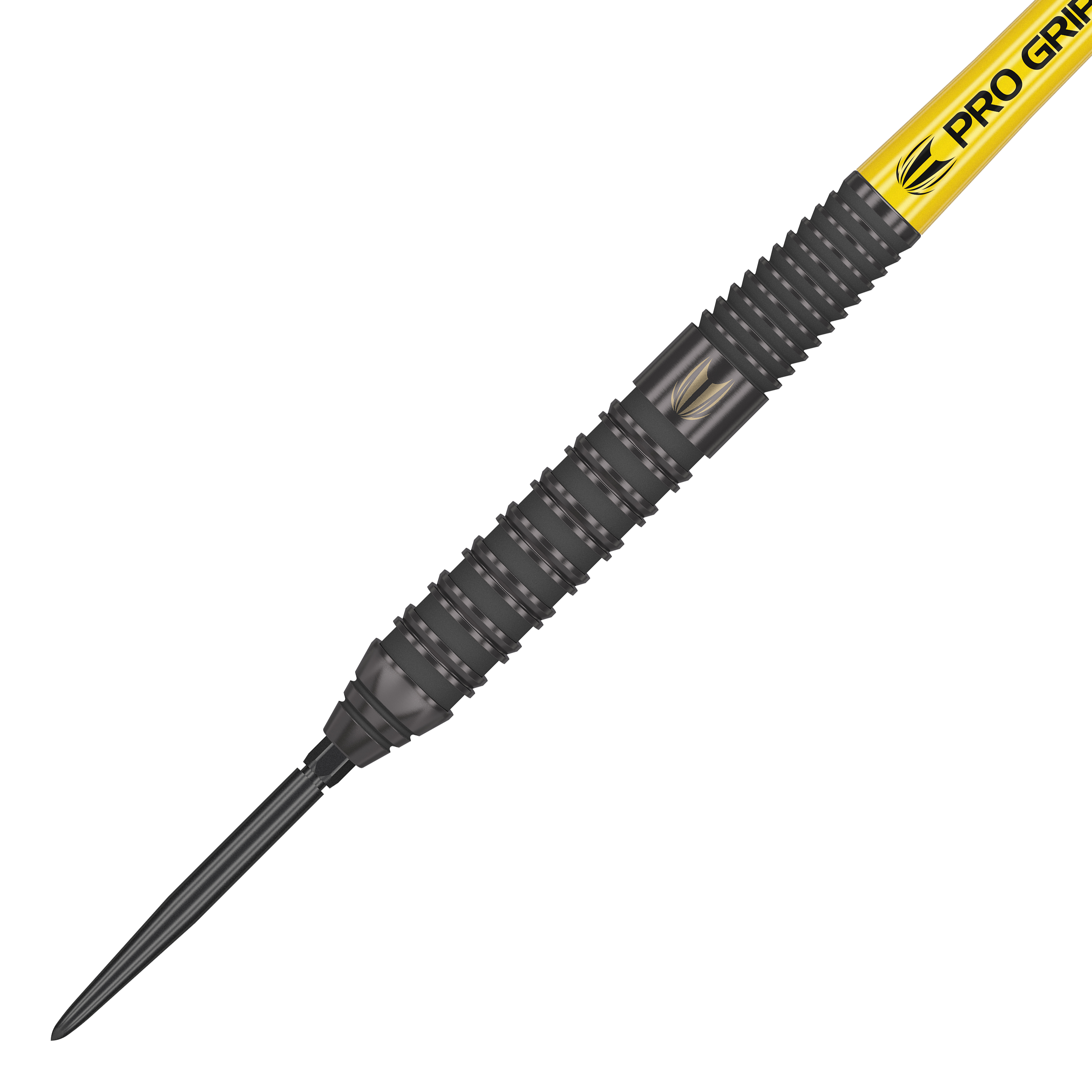 Fléchettes en acier Target Bolide Void 02 Swiss Point Das Bild zeigt den Target Bolide Void 02 Swiss Point Steeldart. Der Dart hat ein schwarzes Griffstück mit feinen Rillen und einer gelben „Pro Grip“-Beschriftung am Schaft.