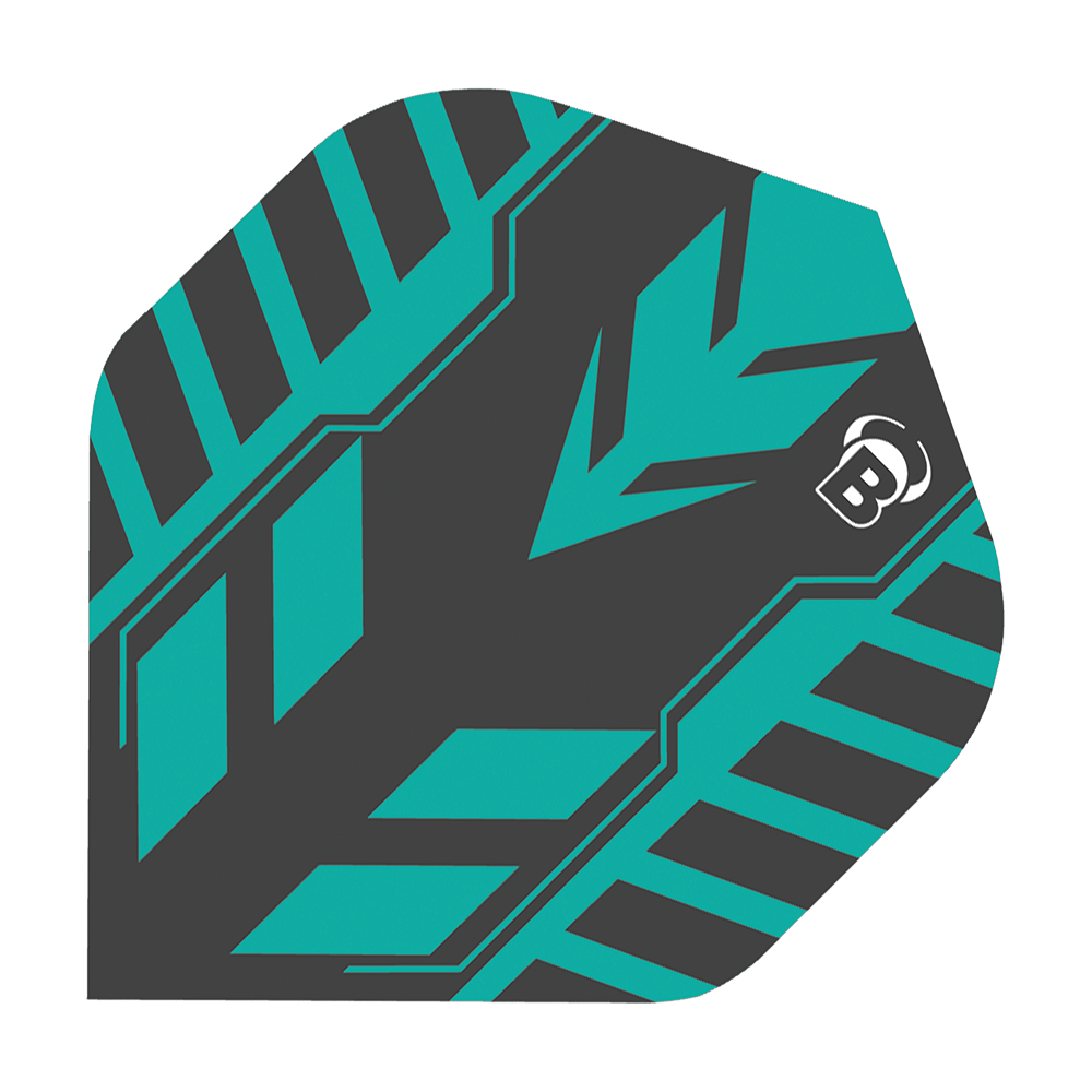 Vols standard Bulls B-Star Veco n°2 Das Bild zeigt ein Dart-Flight des Modells "Bulls B-Star Veco No2 Standard Flights". Das Flight hat ein modernes Design in Schwarz und Türkis mit einem auffälligen Muster und einem kleinen weißen "B"-Logo.