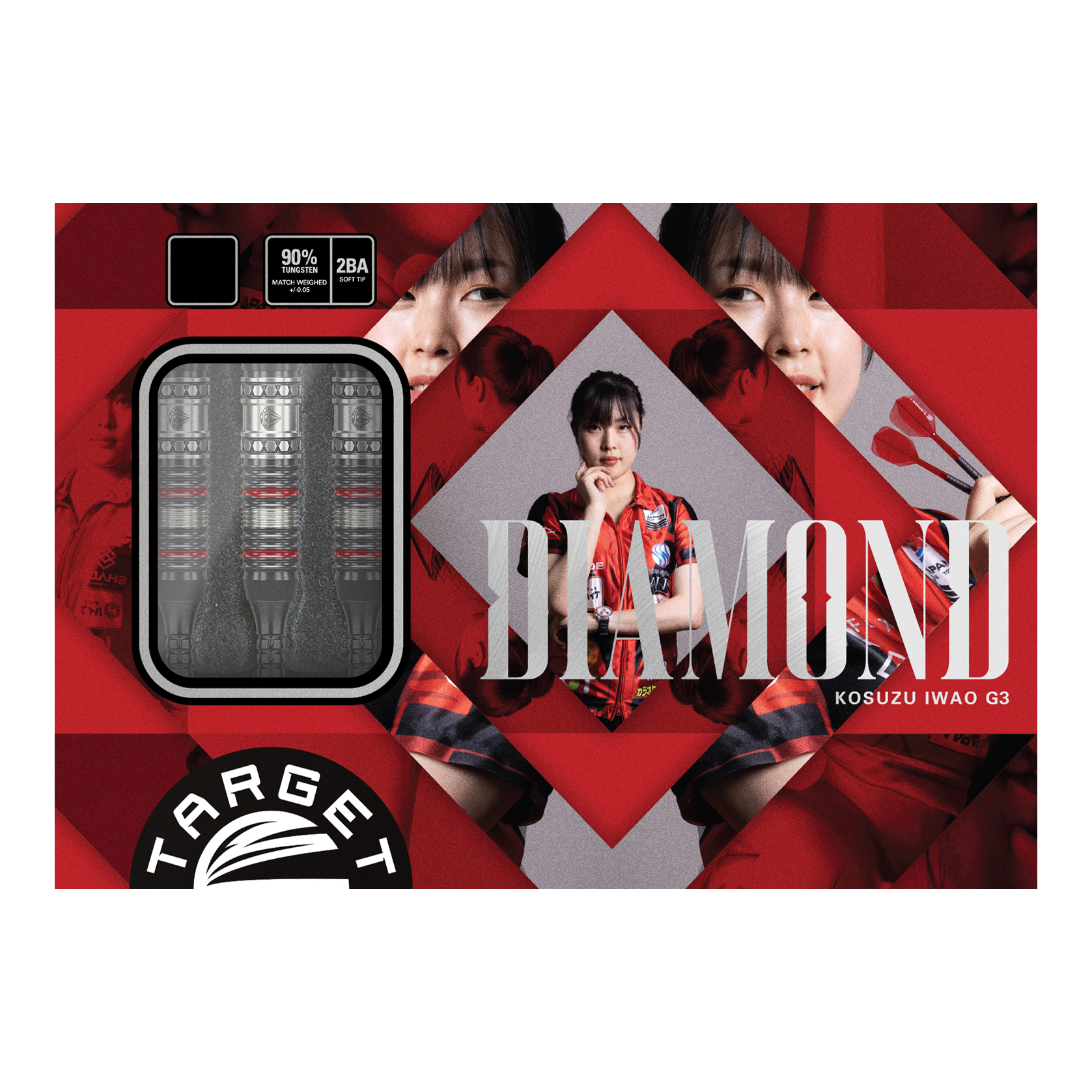 Fléchettes souples Target Japan Prime Series Diamond GEN3 - 18 g Die Abbildung zeigt das Produkt "Target Japan Prime Series Diamond GEN3 Softdarts - 18g". Auf der Verpackung sind die Darts selbst sowie ein Porträt einer Frau und das Wort "DIAMOND" zu sehen.