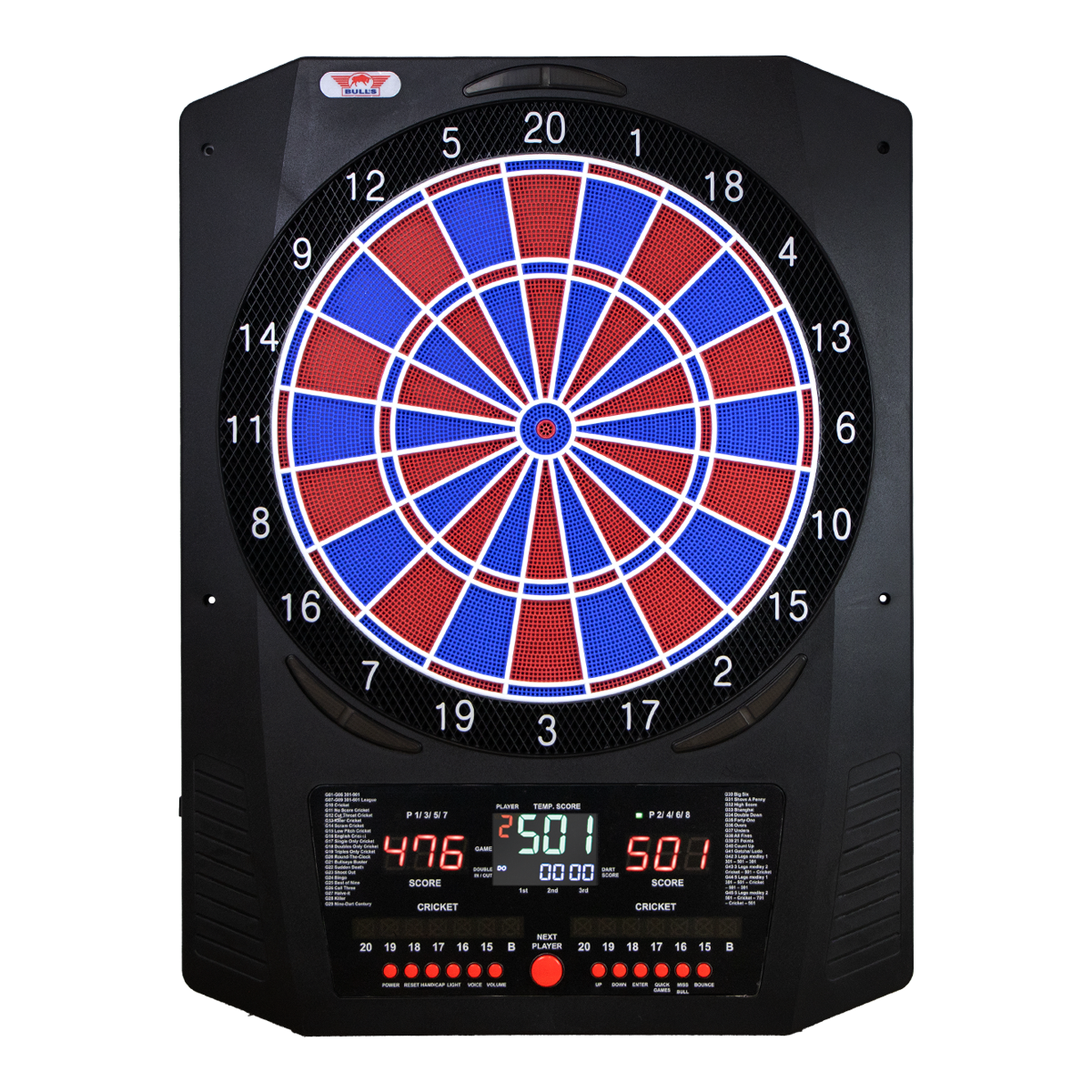 Cible de fléchettes électronique Bulls NL Universum Pro Light - Bleu Rouge Das Bild zeigt das Bulls NL Universum Pro Light Elektronisches Dartboard in Blau und Rot. Es handelt sich um ein elektronisches Dartboard für präzises Spielen.
