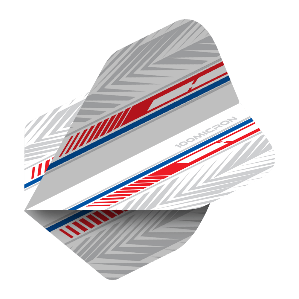 Vols de Pentathlon blanc/rouge/bleu Das Bild zeigt ein Pentathlon White Red Blue No2 Standard Flight für Darts. Das Design ist überwiegend grau mit roten und blauen Akzenten sowie einem geometrischen Muster.