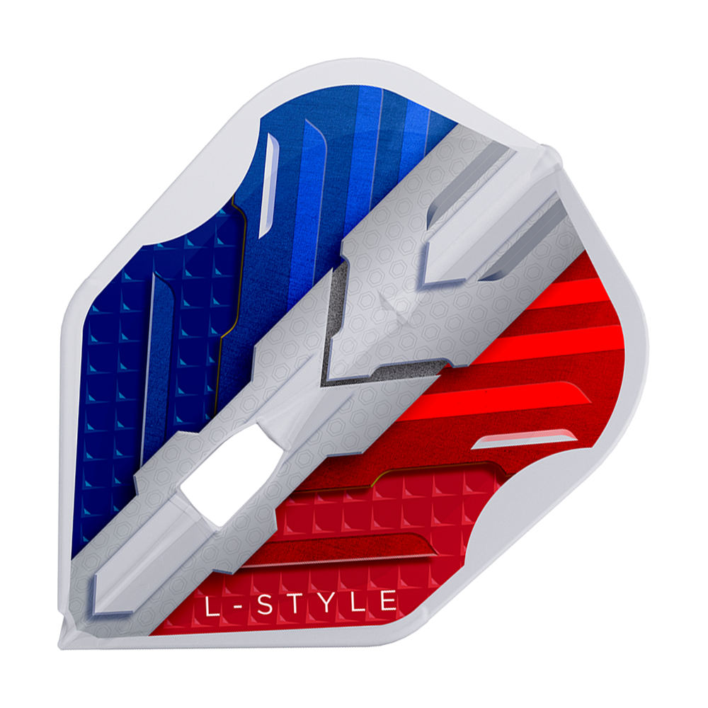 Vols L-Style V-Series V1 Type B France Blanc Transparent L3PRO Das Bild zeigt das Produkt "L-Style V-Series V1 Type B France Clear White L3PRO Flights". Die Dart-Flight ist in den Farben Blau, Weiß und Rot gestaltet und trägt die Aufschrift "L-STYLE".