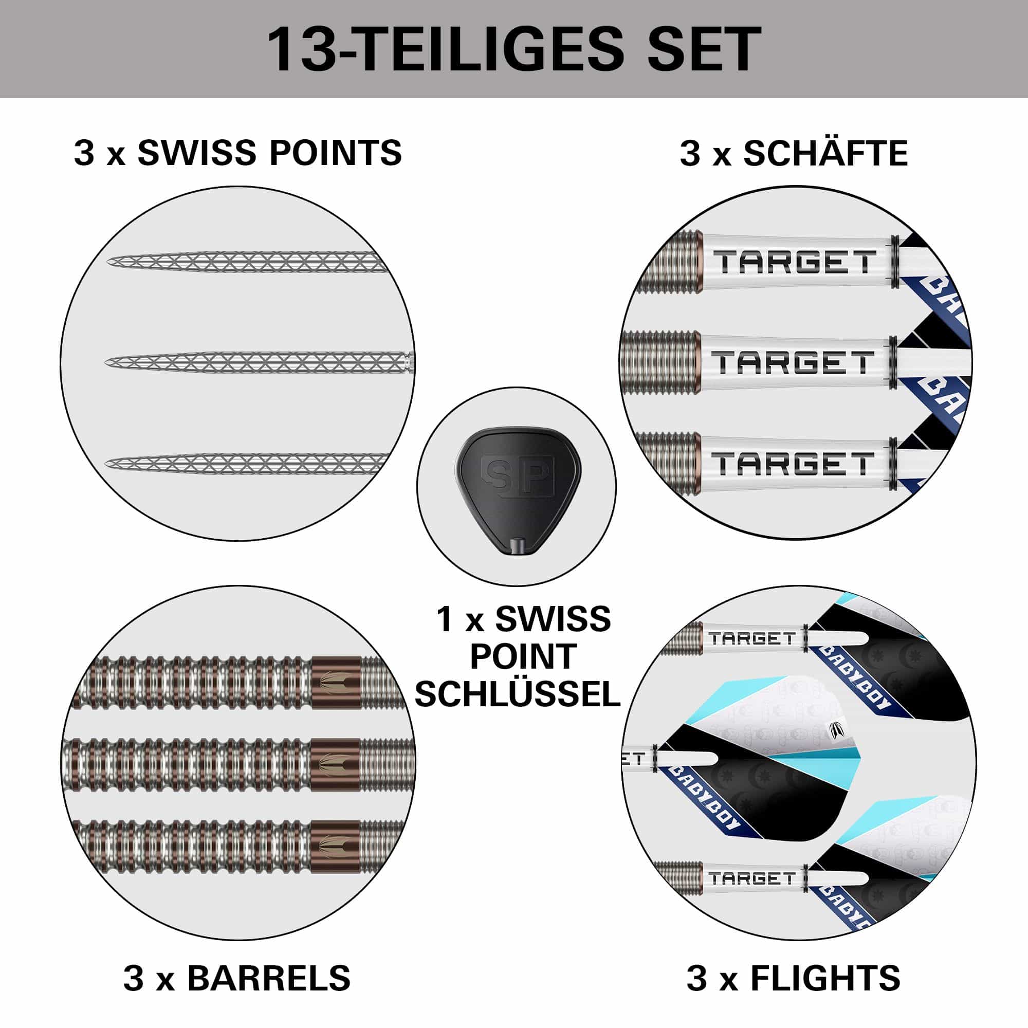 Fléchettes en acier Target Adam Lipscombe Swiss Points - 25 g Das Bild zeigt die Target Adam Lipscombe Swiss Points Steeldarts. Sie sind moderne Steeldarts mit Swiss Points System.