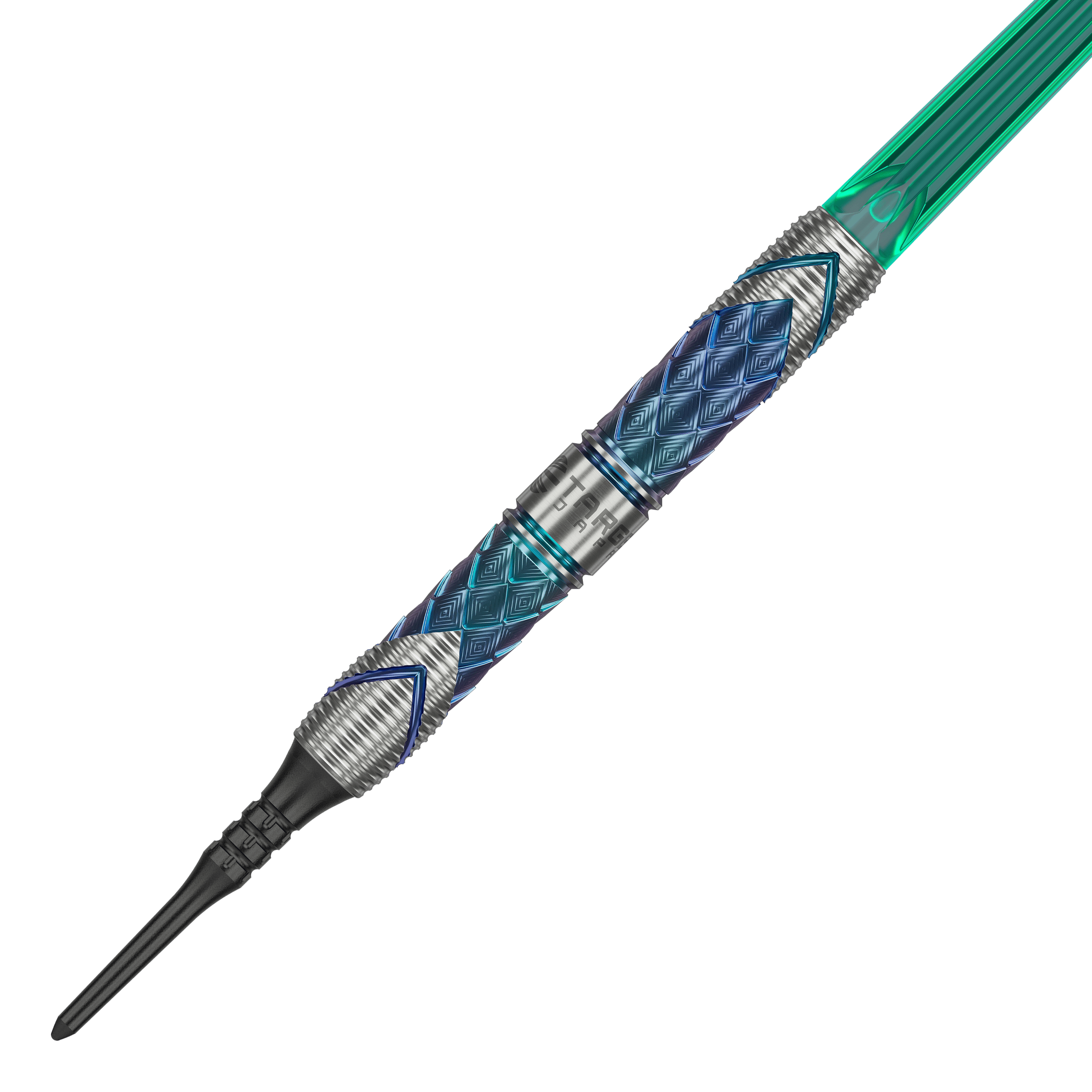 Fléchettes souples Target Japan Kaze Series Ceros 03 - 19 g Das Bild zeigt einen Softdart der Marke Target Japan aus der Kaze Series, Modell Ceros 03 mit 19g Gewicht. Der Dartpfeil hat ein auffälliges, diamantförmiges Muster in Blau und Silber sowie einen grünen Schaft.
