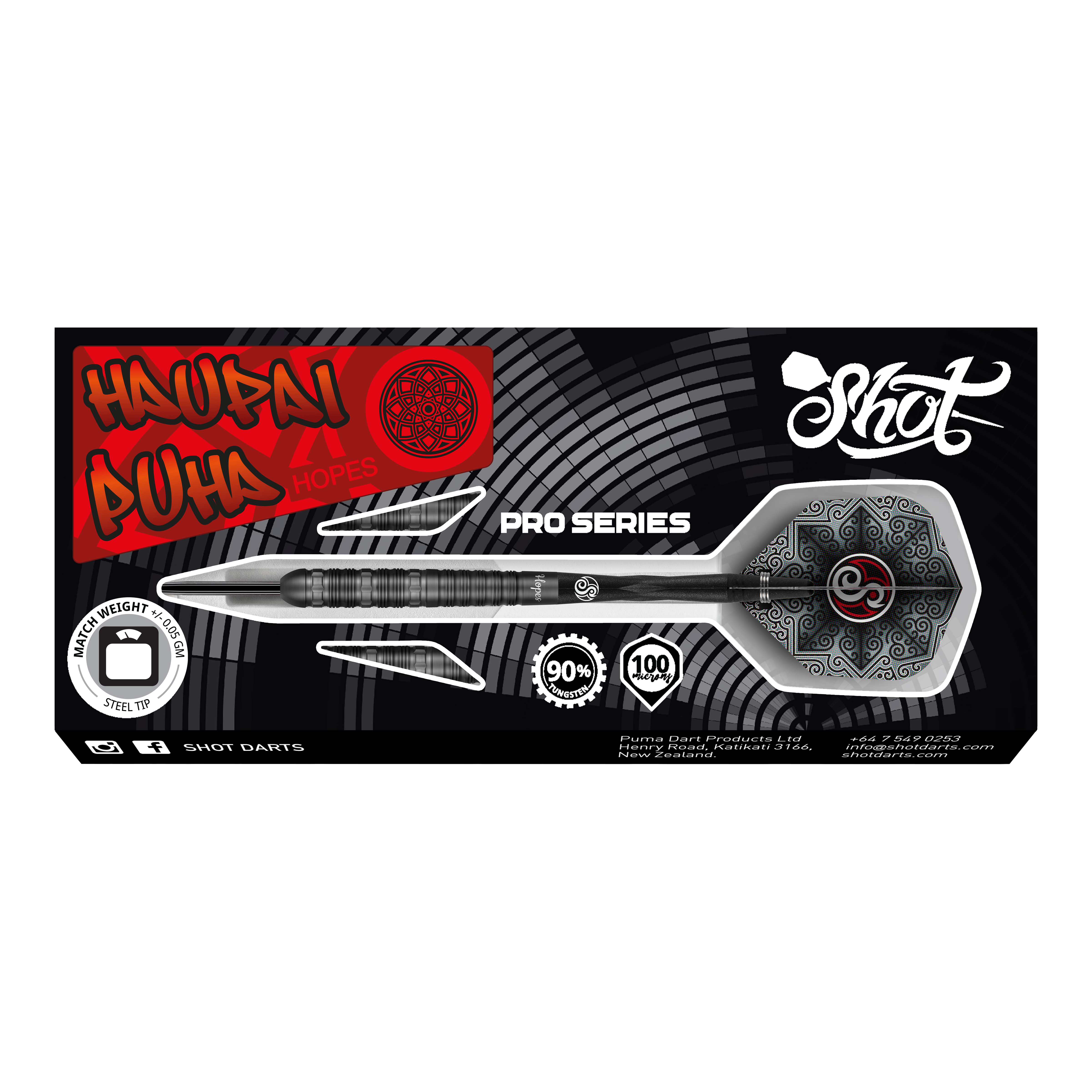 Fléchettes en acier Shot Pro-Series Haupai Puha 2 - 24 g Das Bild zeigt die Verpackung der Shot Pro-Series Haupai Puha 2 Steeldarts mit 24g Gewicht. Die Verpackung ist schwarz mit auffälligen roten und weißen Designelementen sowie einem großen Bild eines Steeldarts.