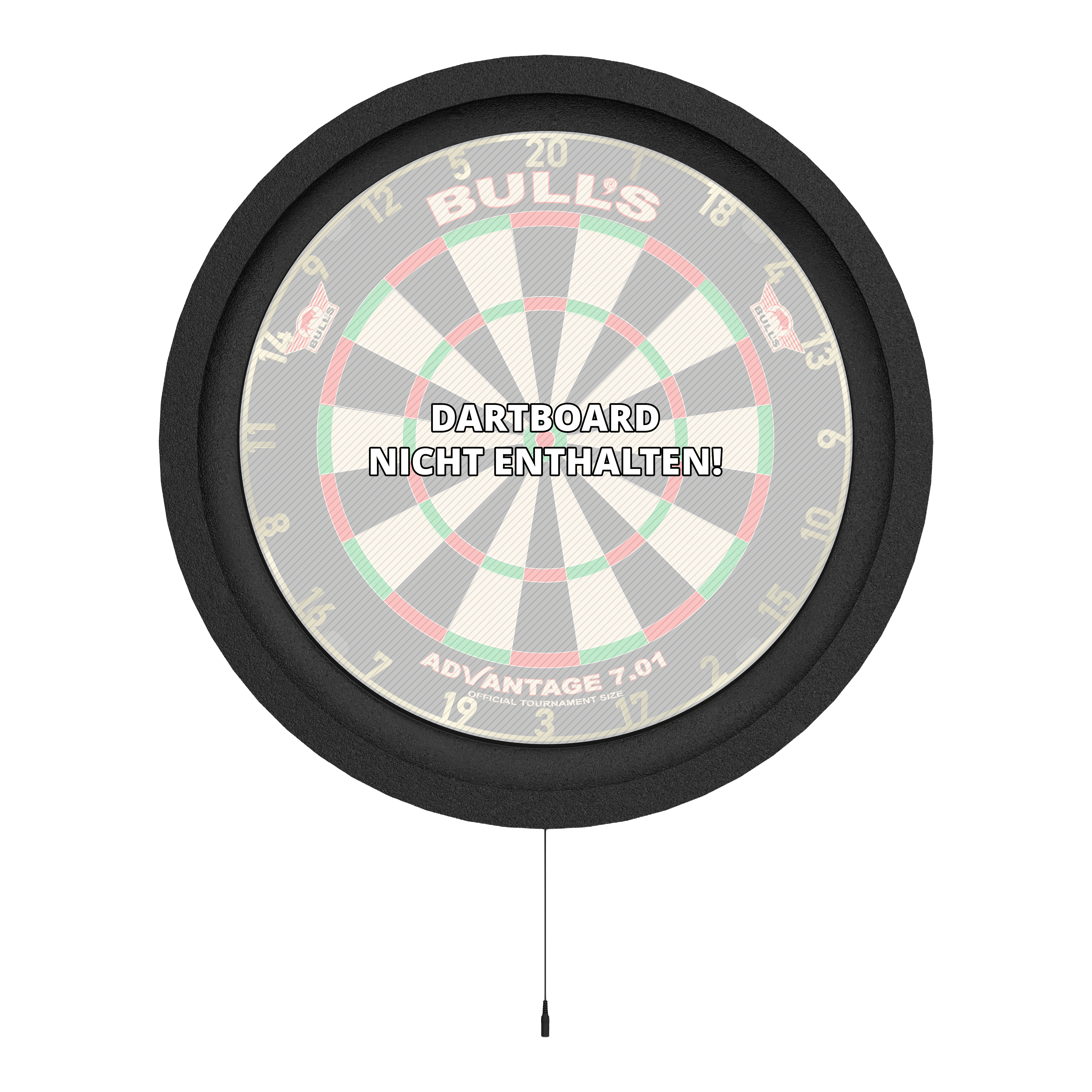 Système d'éclairage d'ambiance Bulls NL Lumo 2 Das Bild zeigt das Bulls NL Lumo 2 Light Surround Beleuchtungssystem, das einen Dartboard-Rahmen mit integrierter Beleuchtung darstellt. In der Mitte steht geschrieben "Dartboard nicht enthalten".