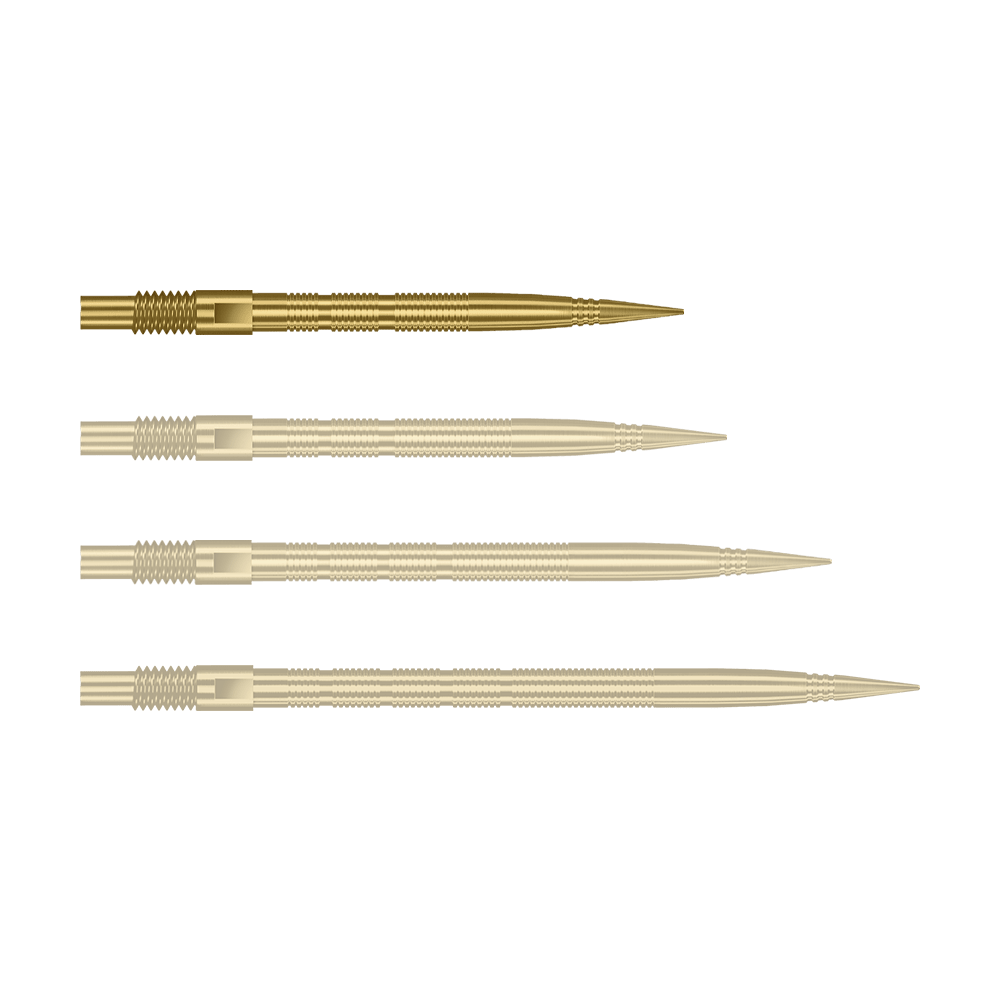 Pointes de fléchettes Harrows Quick Point Micro Ridge - Or Abgebildet sind goldene MicroRidge Dartspitzen mit einer Länge von 26 mm. Das Produkt ist vermutlich von Harrows, Modell Quick Point.