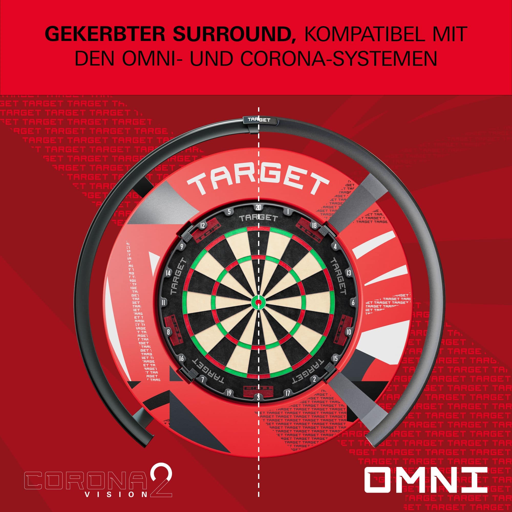 Cadre de cible à motifs crantés Abgebildet ist eine rote Dartboard-Umrandung mit Muster. Die Oberfläche weist feine Strukturen auf.