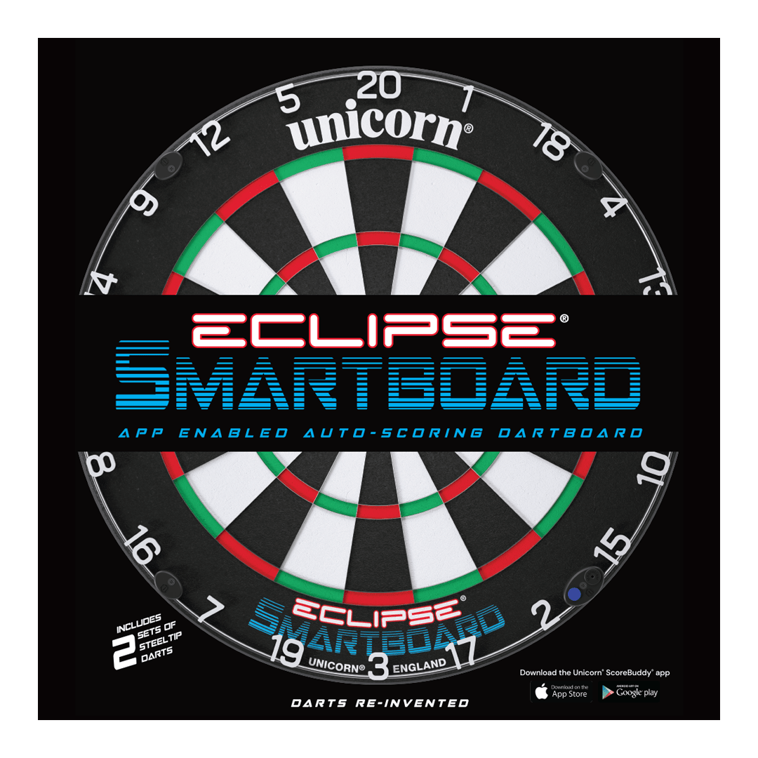 Das Bild zeigt das Produkt "Unicorn Eclipse Smartboard Steeldartboard". Es handelt sich um eine App-unterstützte Steeldart-Scheibe mit automatischer Punkteauswertung.