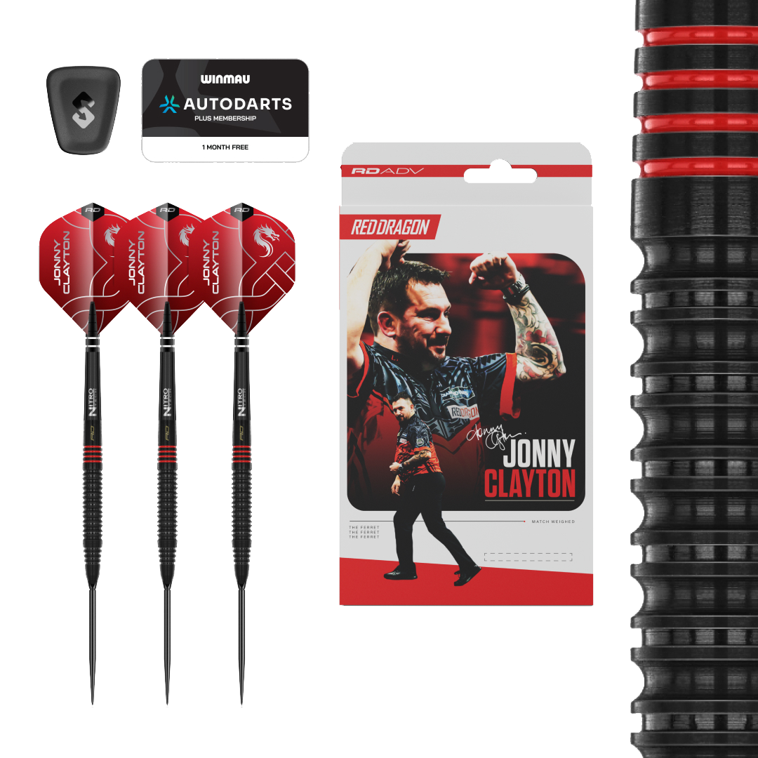 Fléchettes en acier Red Dragon Jonny Clayton RD-ADV Switch Point Abgebildet ist ein Set Red Dragon Jonny Clayton RD-ADV Switch Point Steeldarts. Die Darts sind deutlich zu erkennen und die Beschriftung ist lesbar.