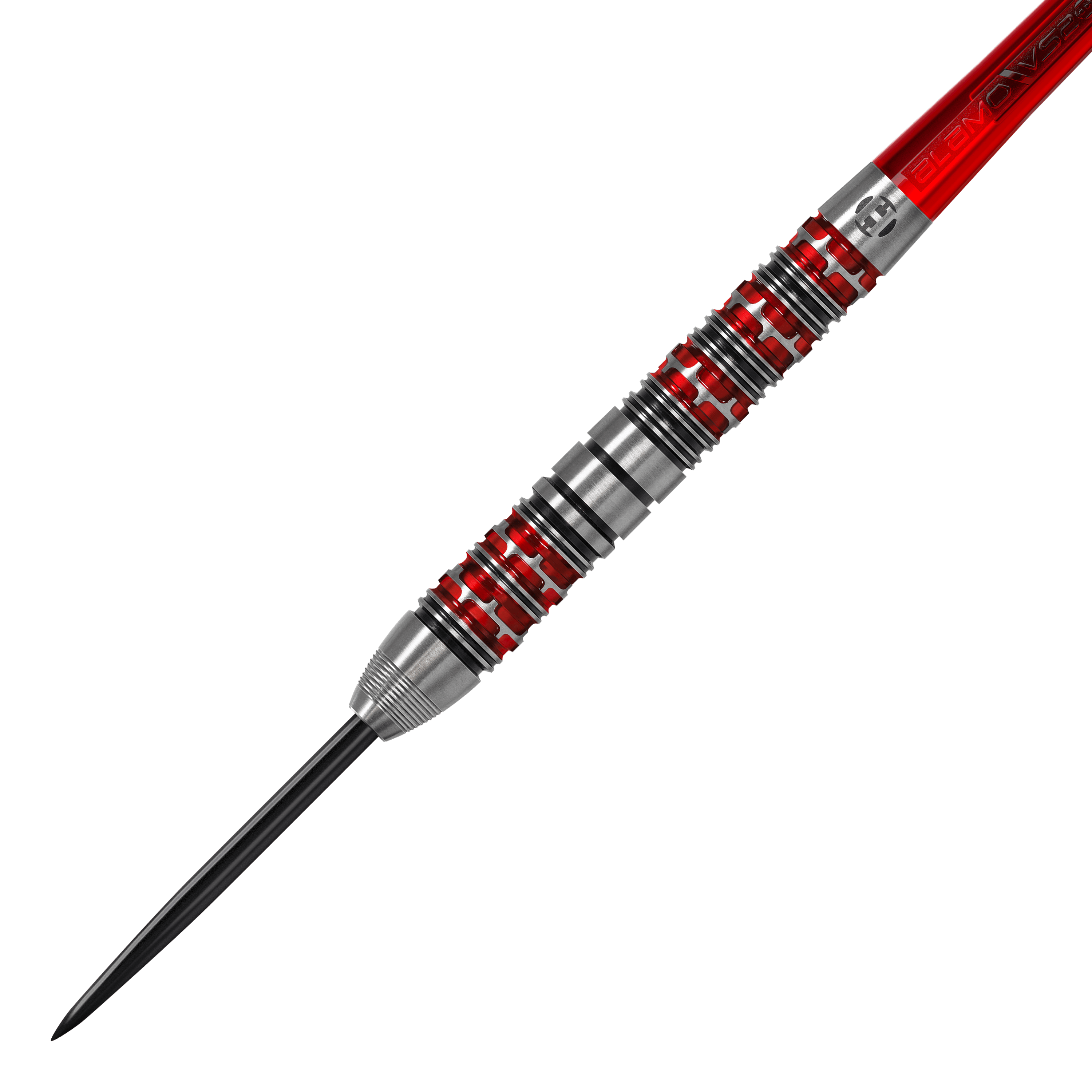 Fléchettes en acier Damon Heta Series 3 de Harrow Das Bild zeigt einen Harrows Damon Heta Series 3 Steeldart. Der Dartpfeil hat ein silbernes Barrel mit roten und schwarzen Akzenten.