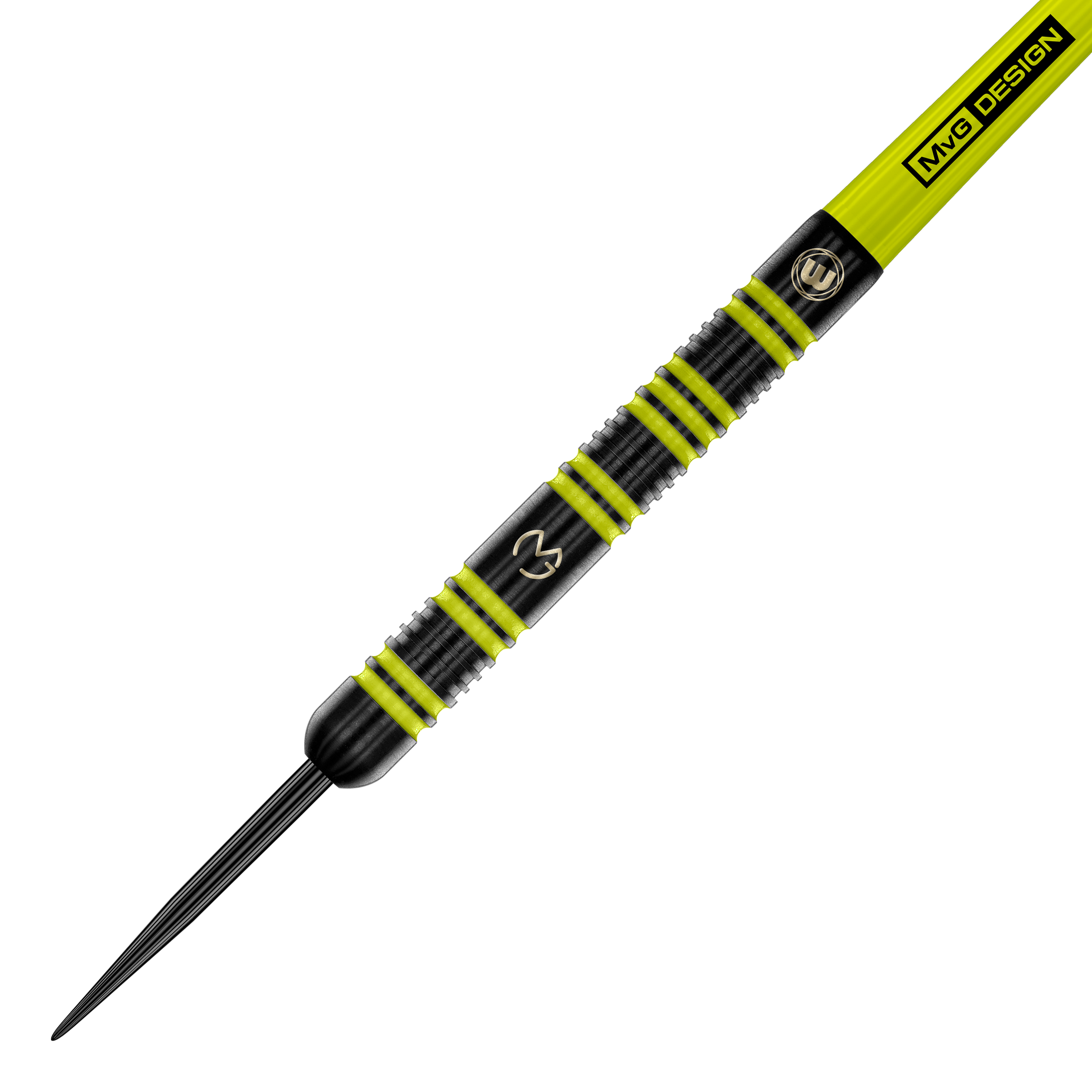 Fléchettes en acier Winmau Michael Van Gerwen 85 Pro-Series Das Bild zeigt einen Winmau Michael Van Gerwen 85 Pro-Series Steeldart. Der Dart ist schwarz mit auffälligen gelb-grünen Ringen und hat das MVG-Logo eingraviert.