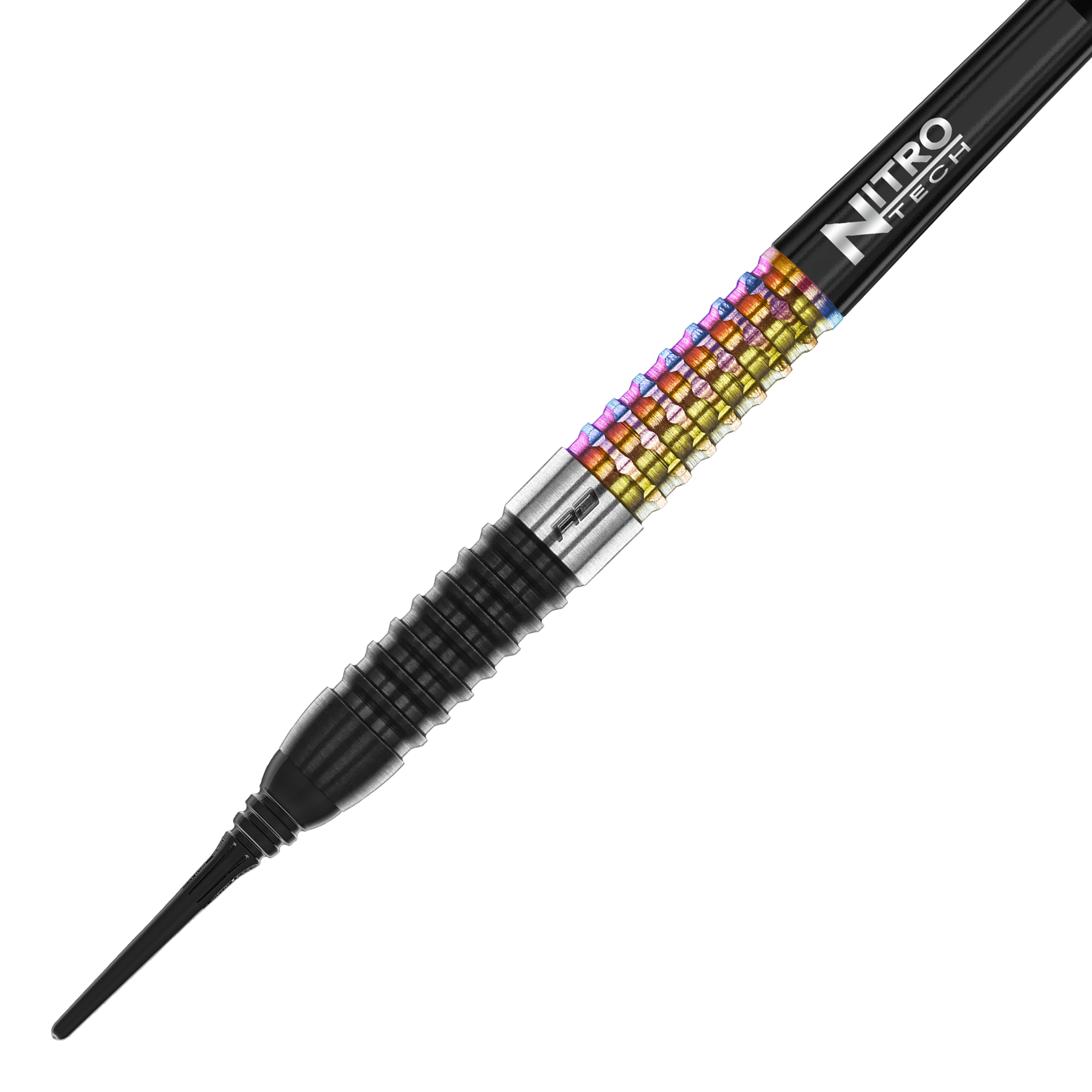 Fléchettes souples Red Dragon Peter Wright Corra - 18 g Das Bild zeigt einen Red Dragon Peter Wright Corra Softdart mit 18g Gewicht. Der Dart hat ein farbiges, geriffeltes Griffstück und eine schwarze Spitze.