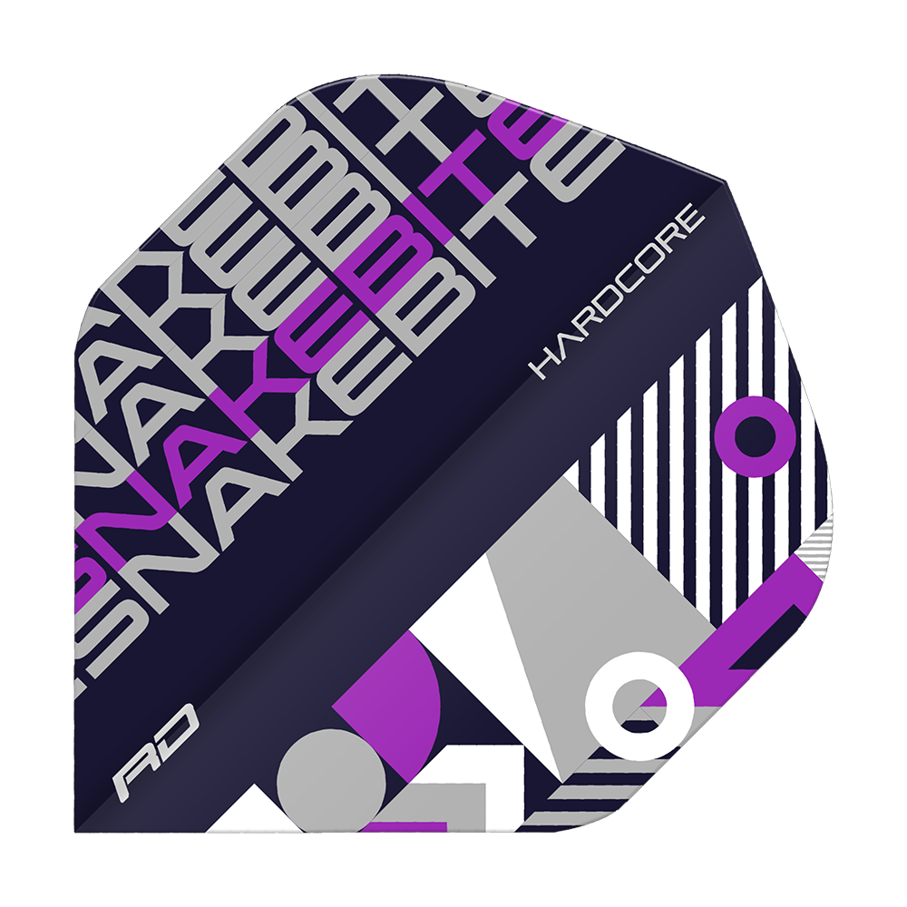 TF6656_Red_Dragon_Hardcore_Snakebite_BlackPurple_Standard_Flights_13mLYdB97jLSXF Das Bild zeigt einen Dartflight mit dem Namen "Red Dragon Hardcore Snakebite Black Purple Standard Flights". Das Design ist schwarz, lila und grau mit geometrischen Mustern und dem Schriftzug "SNAKEBITE" sowie "HARDCORE".