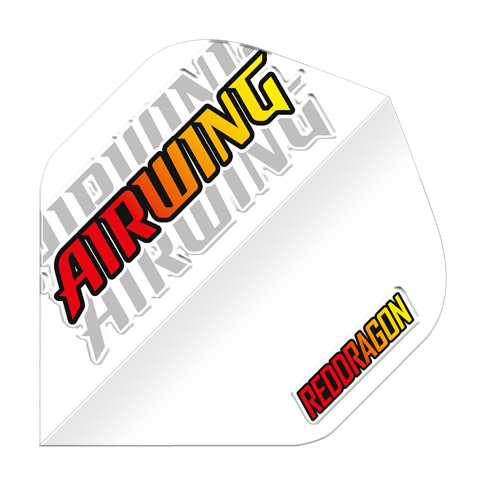Vols standard avec logo rouge Red Dragon Airwing Dieses Bild zeigt ein weißes Dartflügel-Produkt mit der Aufschrift „AIRWING“ in Rot, Orange und Gelb. In der unteren rechten Ecke steht das Logo „REDDRAGON“ ebenfalls in Rot und Gelb.