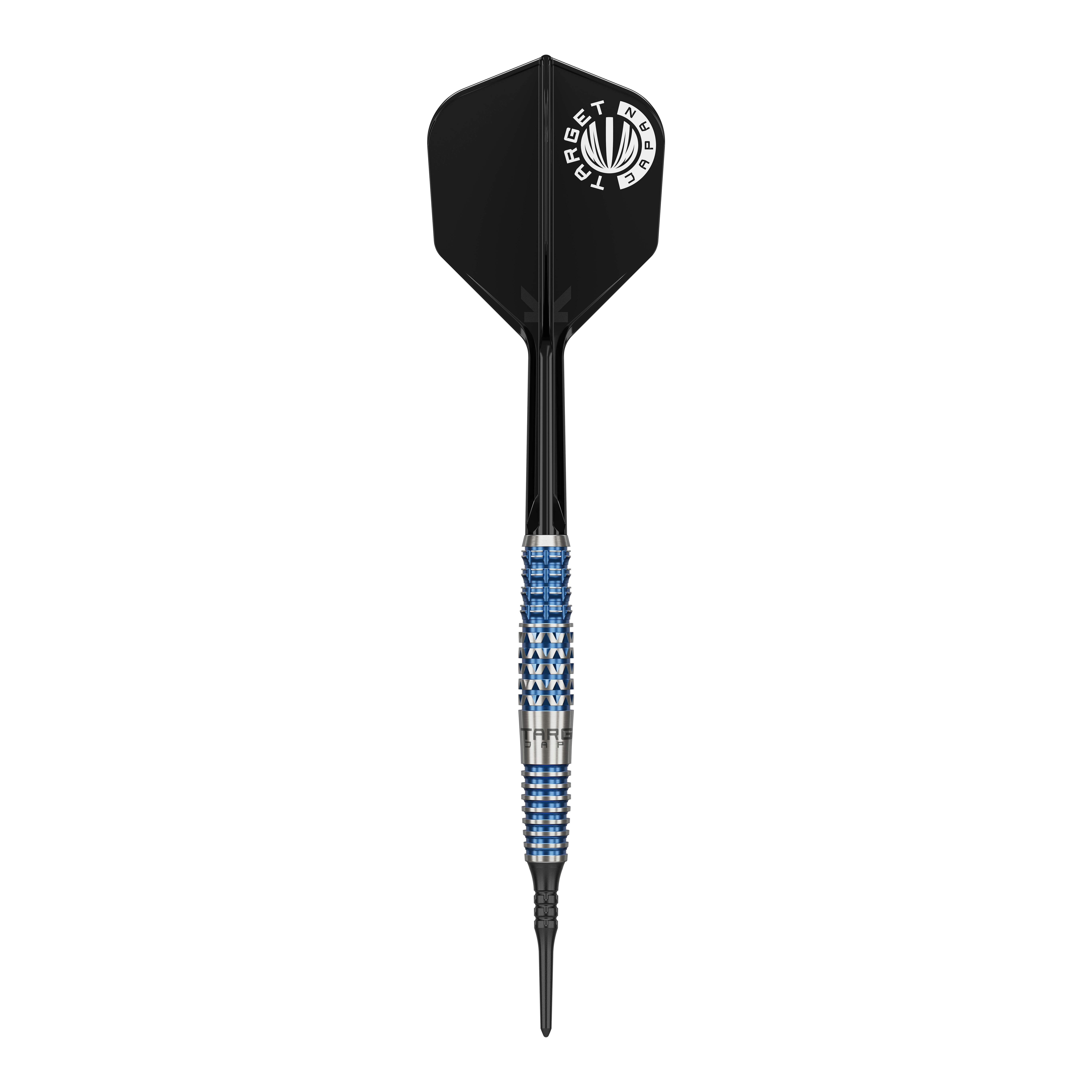Fléchettes souples Target Japan Toru Suzuki Sereno GEN2 - 20 g Das Bild zeigt einen Softdart der Marke Target Japan, Modell Toru Suzuki Sereno GEN2 mit 20g Gewicht. Der Dart hat ein auffälliges Design mit einem schwarz-blauen Griff und schwarzer Flight mit weißem Logo.