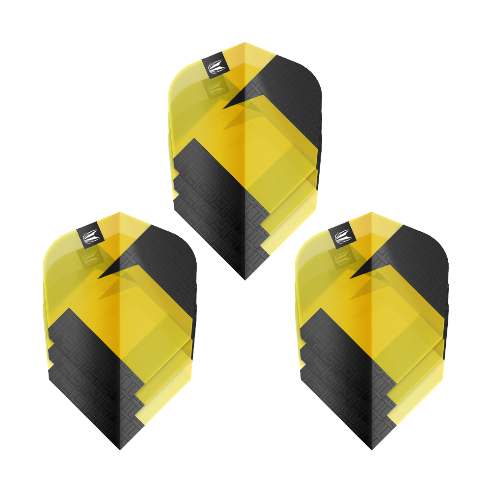 Ailettes standard Target Pro Ultra TAG jaunes Ten-X - 3 jeux Das Bild zeigt drei gelb-schwarze Dart-Flights des Produkts "Target Pro Ultra TAG Gelb Ten-X Standard Flights". Die Flights haben ein modernes, geometrisches Design und werden als 3er-Set angeboten.