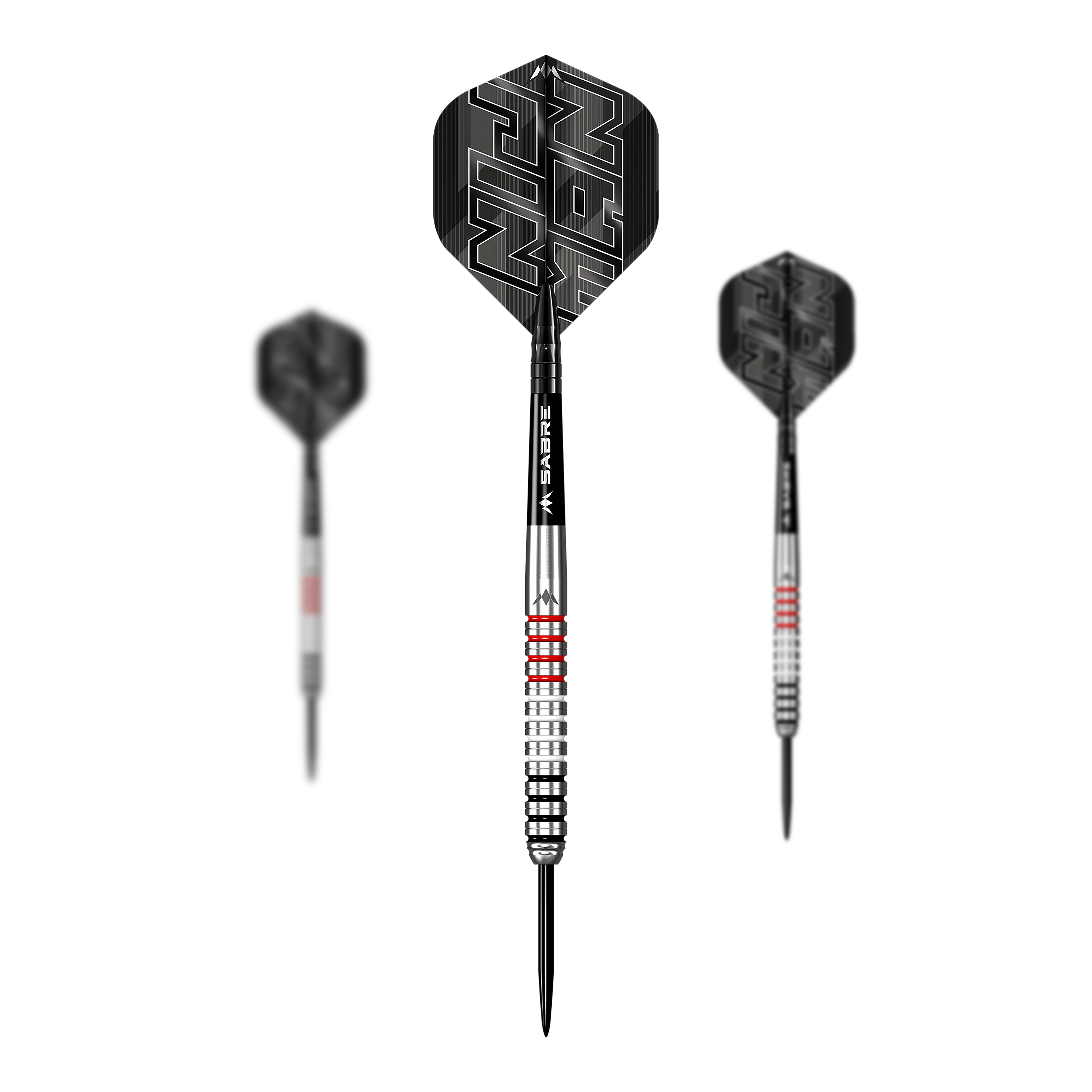 Fléchettes en acier Mission Wessel Nijman - 23g Das Bild zeigt drei Steeldarts des Produkts "Mission Wessel Nijman Steeldarts - 23g". Die Darts haben silberne Spitzen mit schwarzen und roten Akzenten sowie schwarze Flights mit weißem Schriftzug.