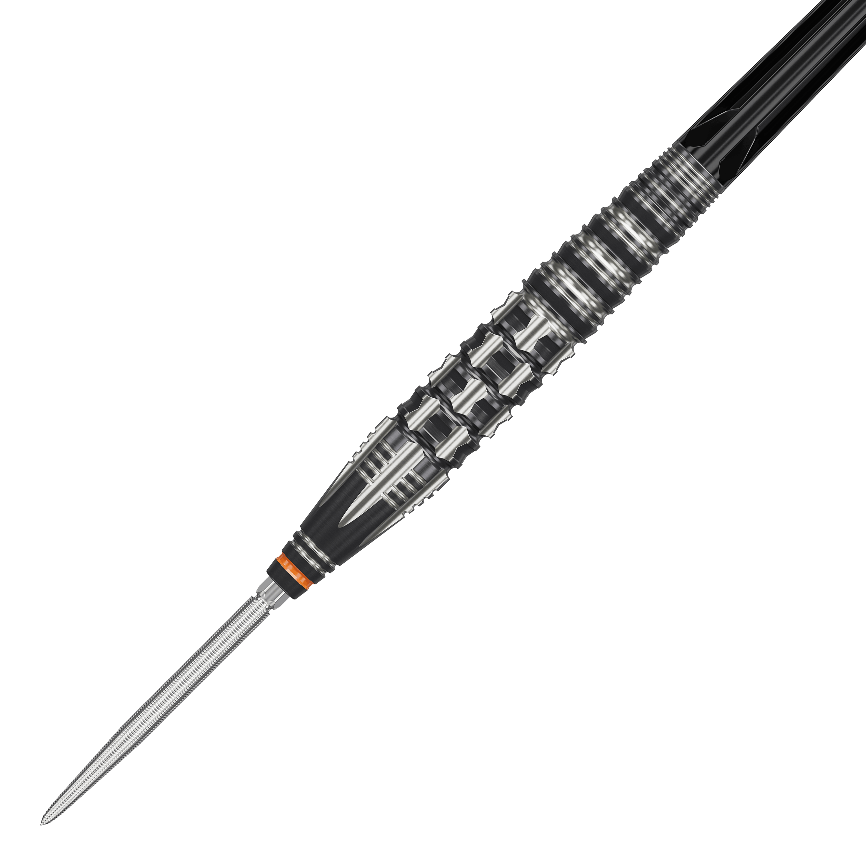 Das Bild zeigt einen Target Japan Black Marque Dancing Duck GEN 4 Steeldart. Der Dart hat ein auffälliges, schwarz-silbernes Design mit markanten Rillen für besseren Halt.