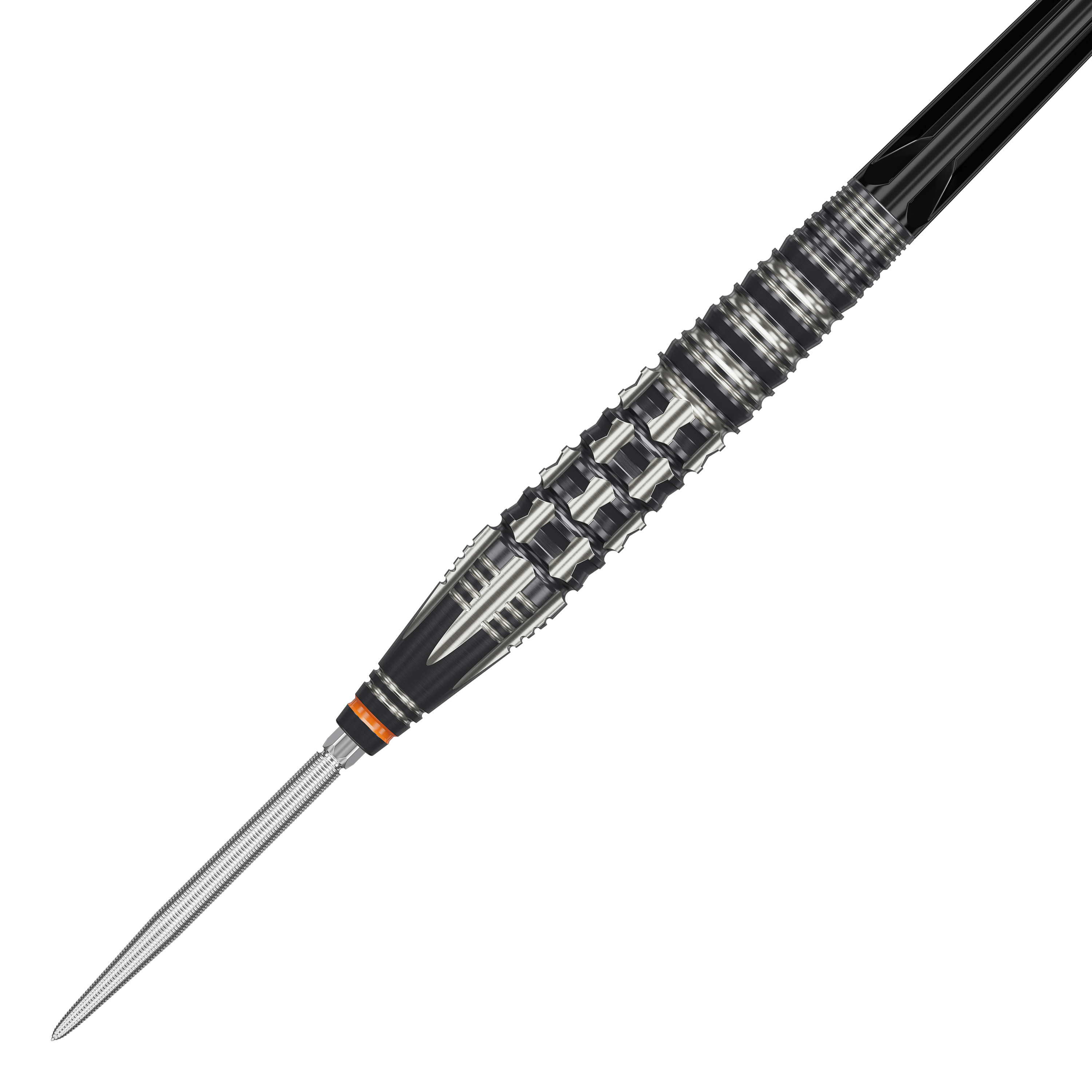 Fléchettes en acier Target Japan Black Marque Dancing Duck GEN 4 Das Bild zeigt einen Target Japan Black Marque Dancing Duck GEN 4 Steeldart. Der Dart hat ein auffälliges, schwarz-silbernes Design mit markanten Rillen für besseren Halt.