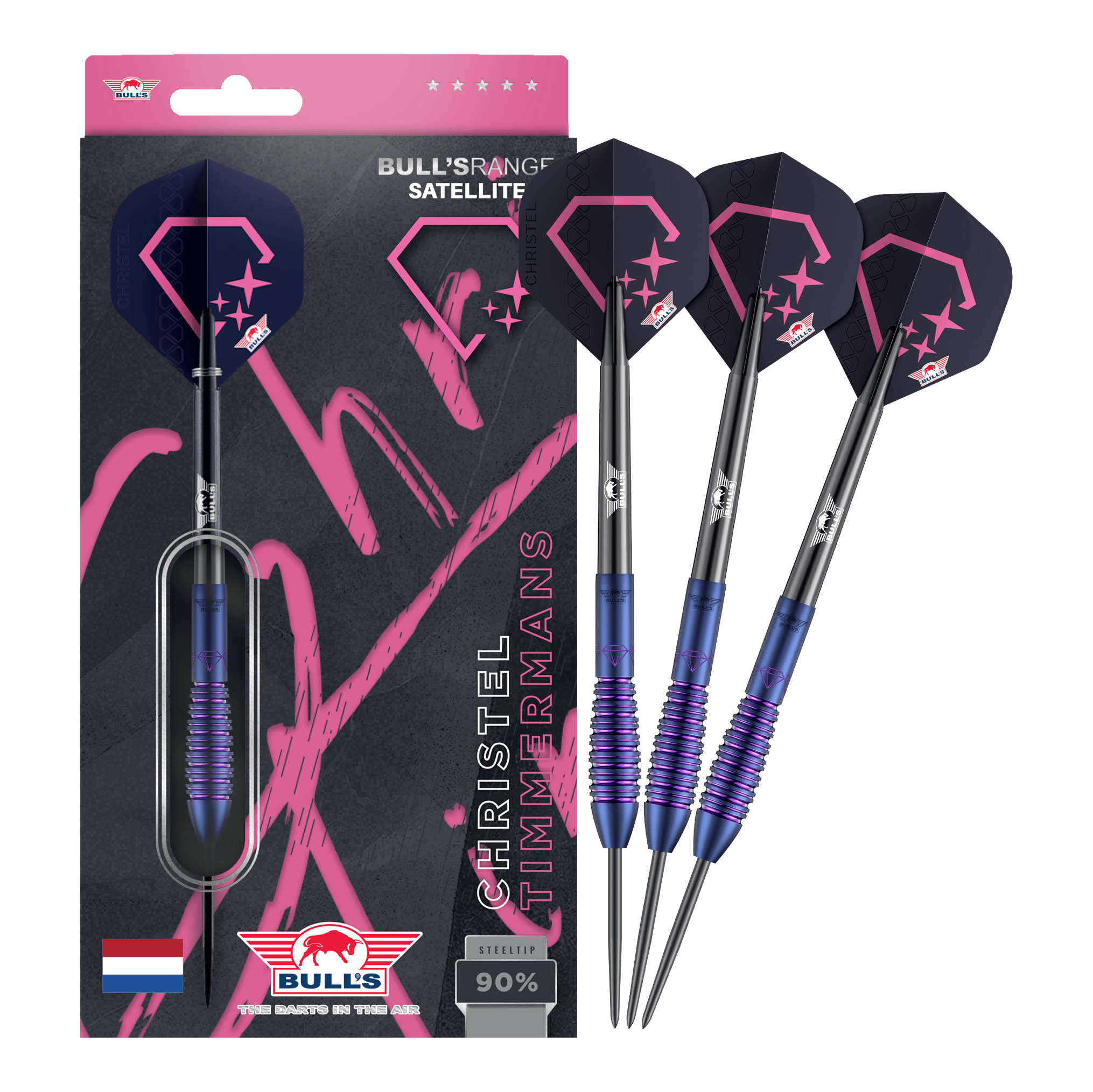 Dieses Bild zeigt die Bulls NL Christel Timmermans Satellite 90 Steeldarts 25g in voller Ansicht. Sie sind ideal für das professionelle Dartspiel geeignet.